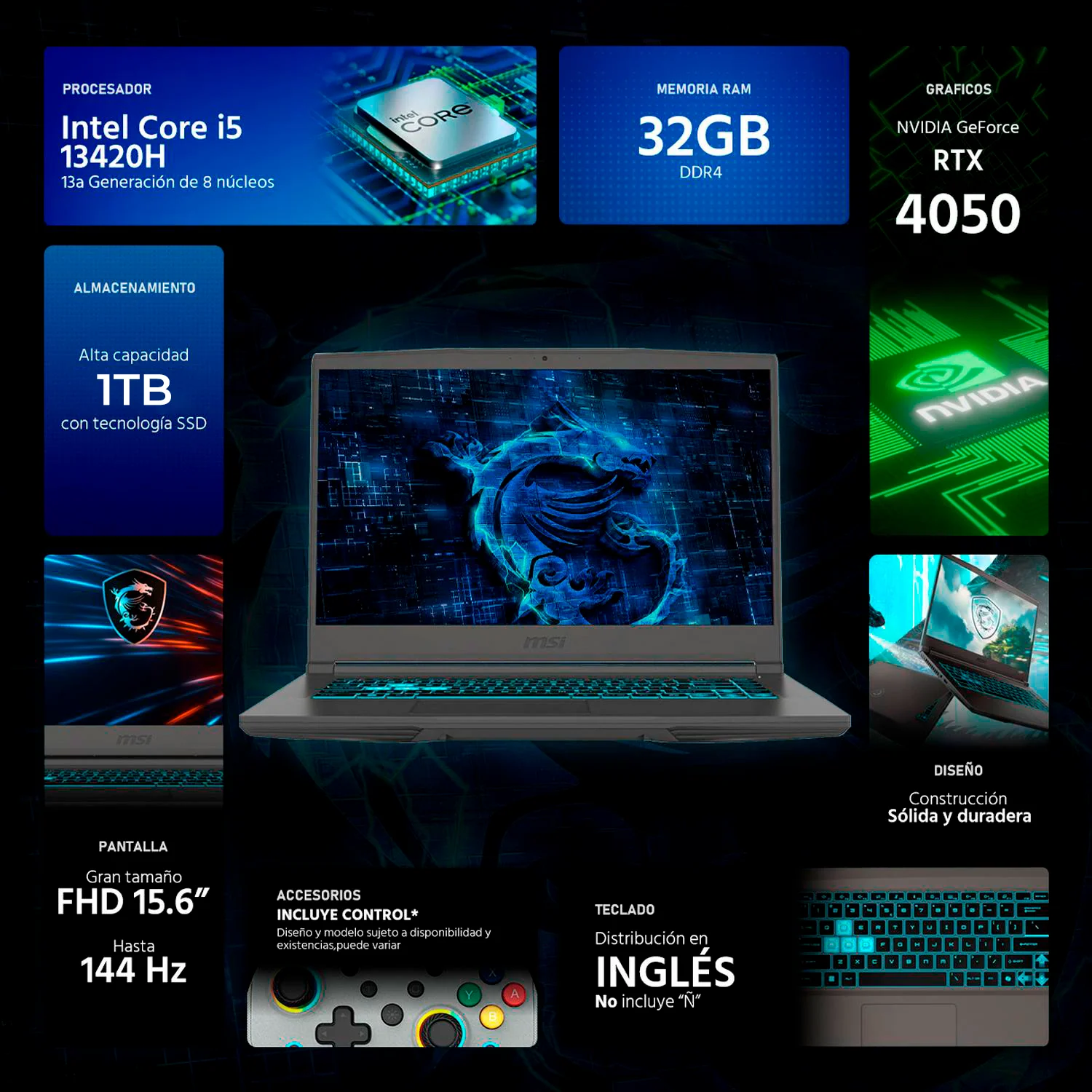 Laptop Gamer MSI Thin 15 NVIDIA GeForce RTX 4050 Intel Core i5 13420H 32GB SSD 1TB 15.6" FHD 144Hz Teclado Ingles Control DXT Rendimiento Fluido y Gaming - Image 2