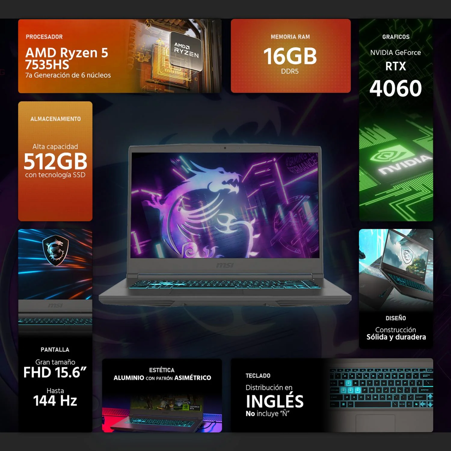 Laptop Gamer MSI Thin 15 NVIDIA GeForce RTX 4060 AMD Ryzen 5 7535HS 16GB RAM 512GB SSD 15.6" Windows 11 Home Teclado en Ingles - Image 2