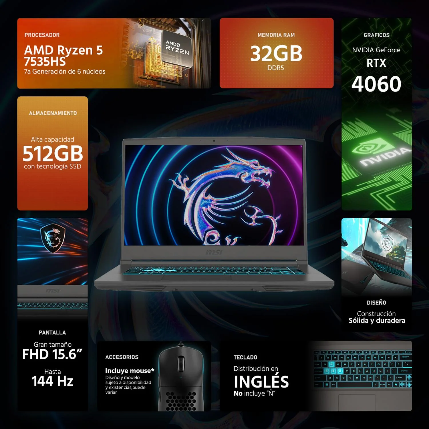 Laptop Gamer MSI Thin 15 NVIDIA GeForce RTX 4060 AMD Ryzen 5 7535HS 32GB RAM 512GB SSD 15.6" Windows 11 Home Teclado en Ingles + Mouse DXT - Image 2