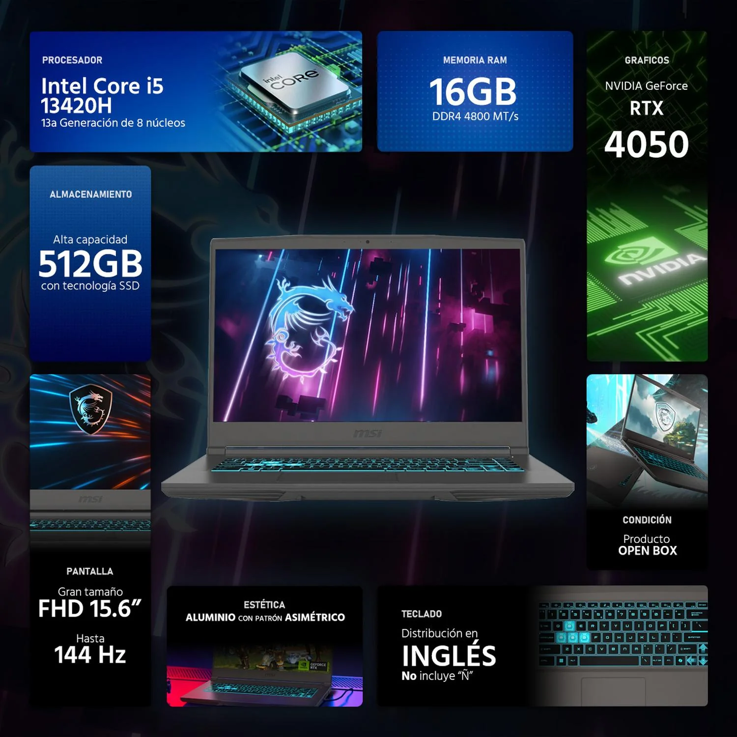 Laptop Gamer MSI Thin 15 NVIDIA GeForce RTX 4050 Intel Core i5 13420H 16GB RAM 512GB SSD 15.6" Windows 11 Home Teclado en Ingles Open Box - Image 2