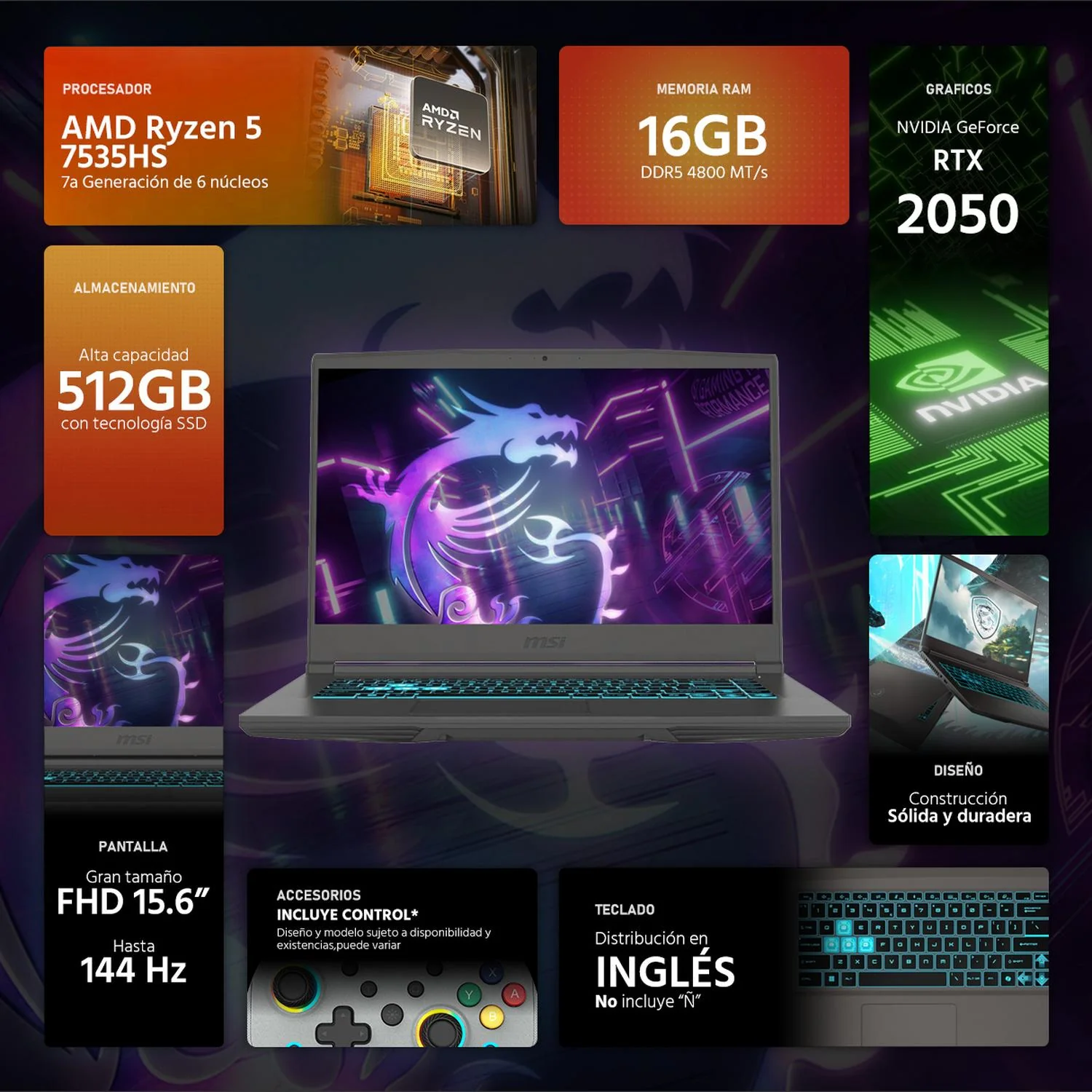 Laptop Gamer MSI Thin NVIDIA GeForce RTX 2050 AMD Ryzen 5 7535HS 16GB DDR5 SSD 512GB 15.6" FHD 144Hz Teclado Ingles Control DXT Portabilidad y Gaming Entrada - Image 2