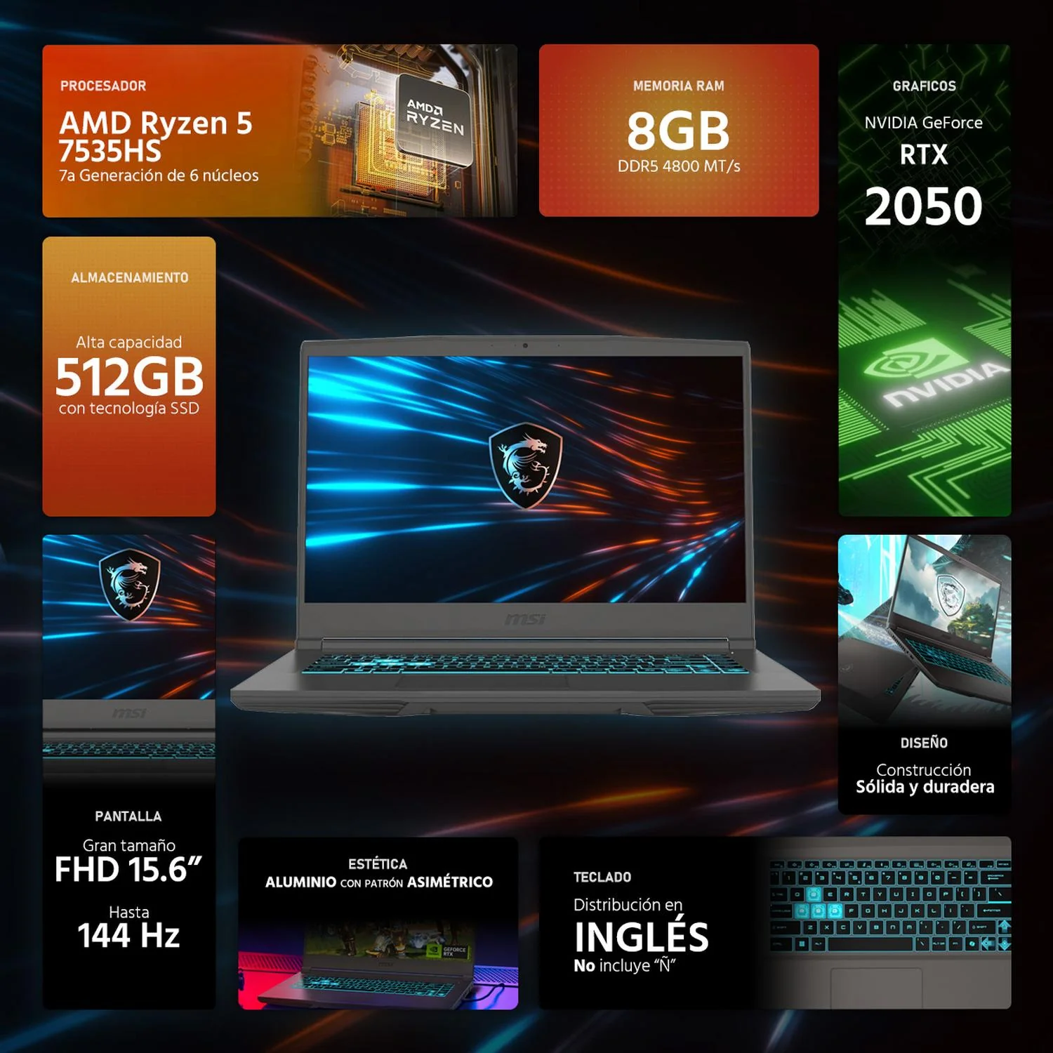 Laptop Gamer MSI Thin A15 NVIDIA GeForce RTX 2050 AMD Ryzen 5 7535HS 8GB RAM 512GB SSD 15.6" Windows 11 Home Teclado en Ingles - Image 2