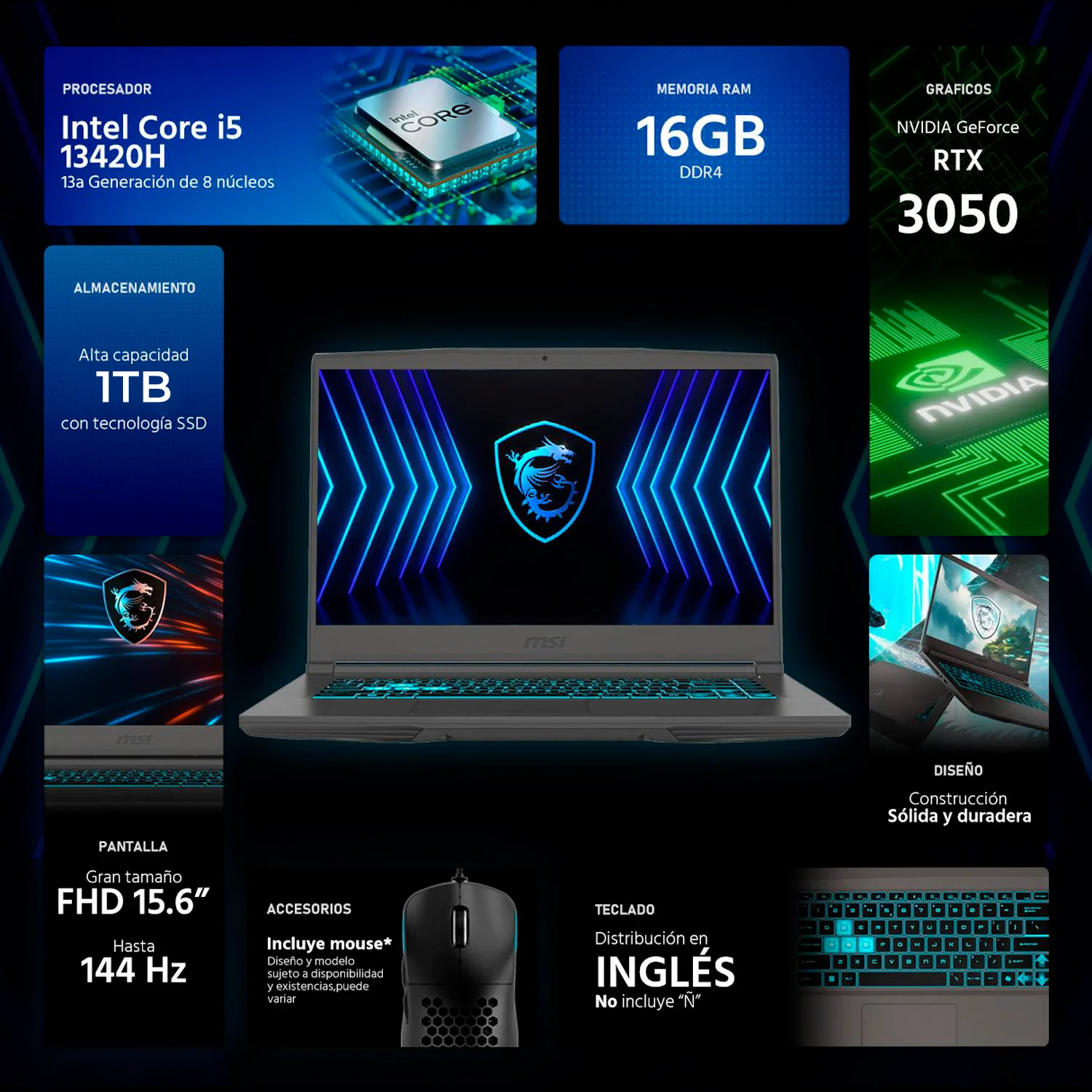 Laptop Gamer MSI Thin NVIDIA GeForce RTX 3050 Intel Core i5 13420H 16GB SSD 1TB 15.6" FHD 144Hz Teclado Ingles Mouse DXT Gaming Multitarea y Gaming Entrada - Image 2