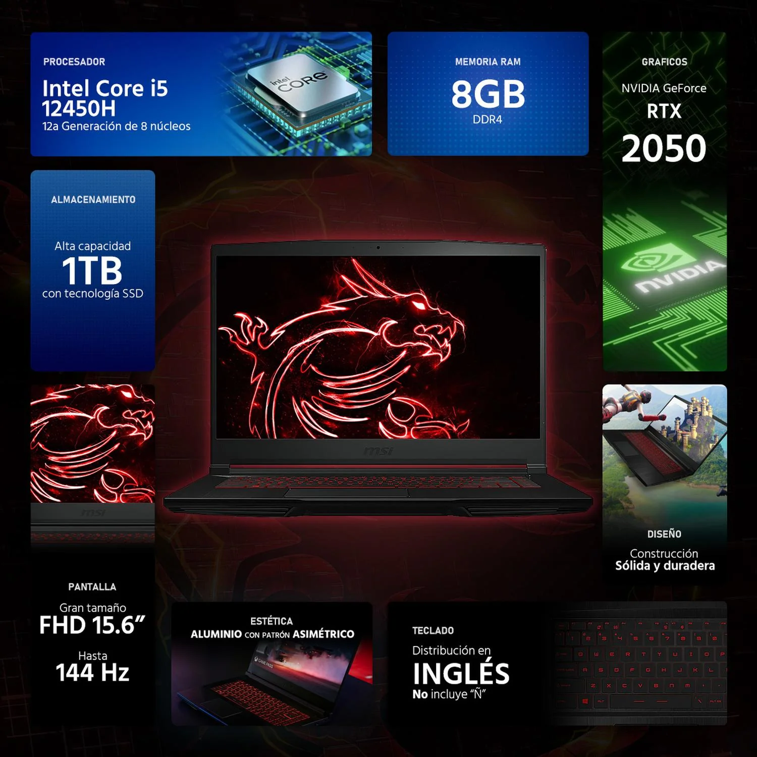Laptop Gamer MSI Thin GF63 NVIDIA GeForce RTX 2050 Intel Core i5 12450H 8GB RAM 1TB SSD 15.6" Windows 11 Home Teclado en Ingles - Image 2