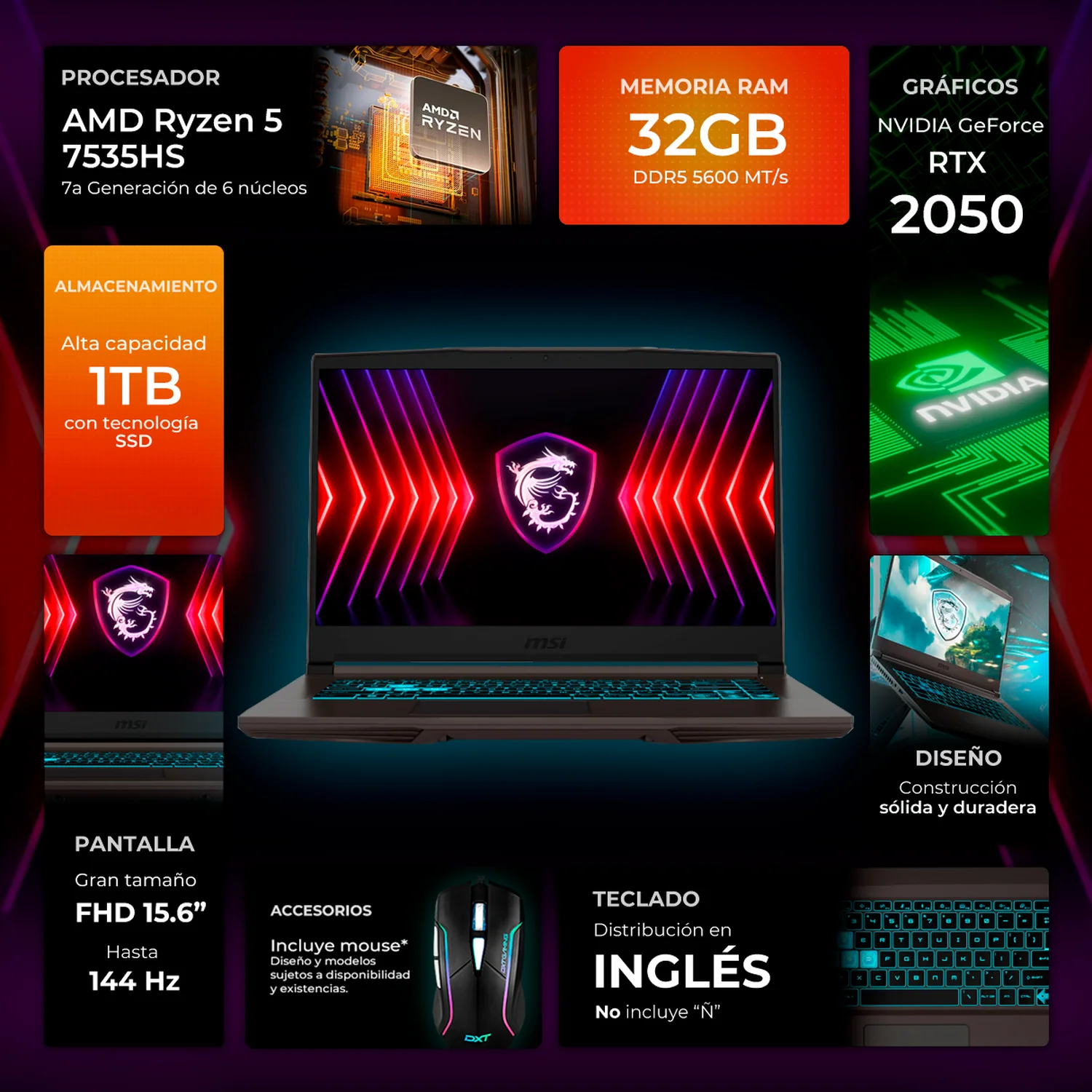 Laptop Gamer MSI Thin Nvidia GeForce RTX 2050 4GB AMD Ryzen 5 7535HS 32GB DDR5 1TB SSD Pantalla 15.6" IPS FHD 144Hz Teclado Ingles + Mouse DXT Gaming Gamer Diseño Creación de Contenido - Image 2