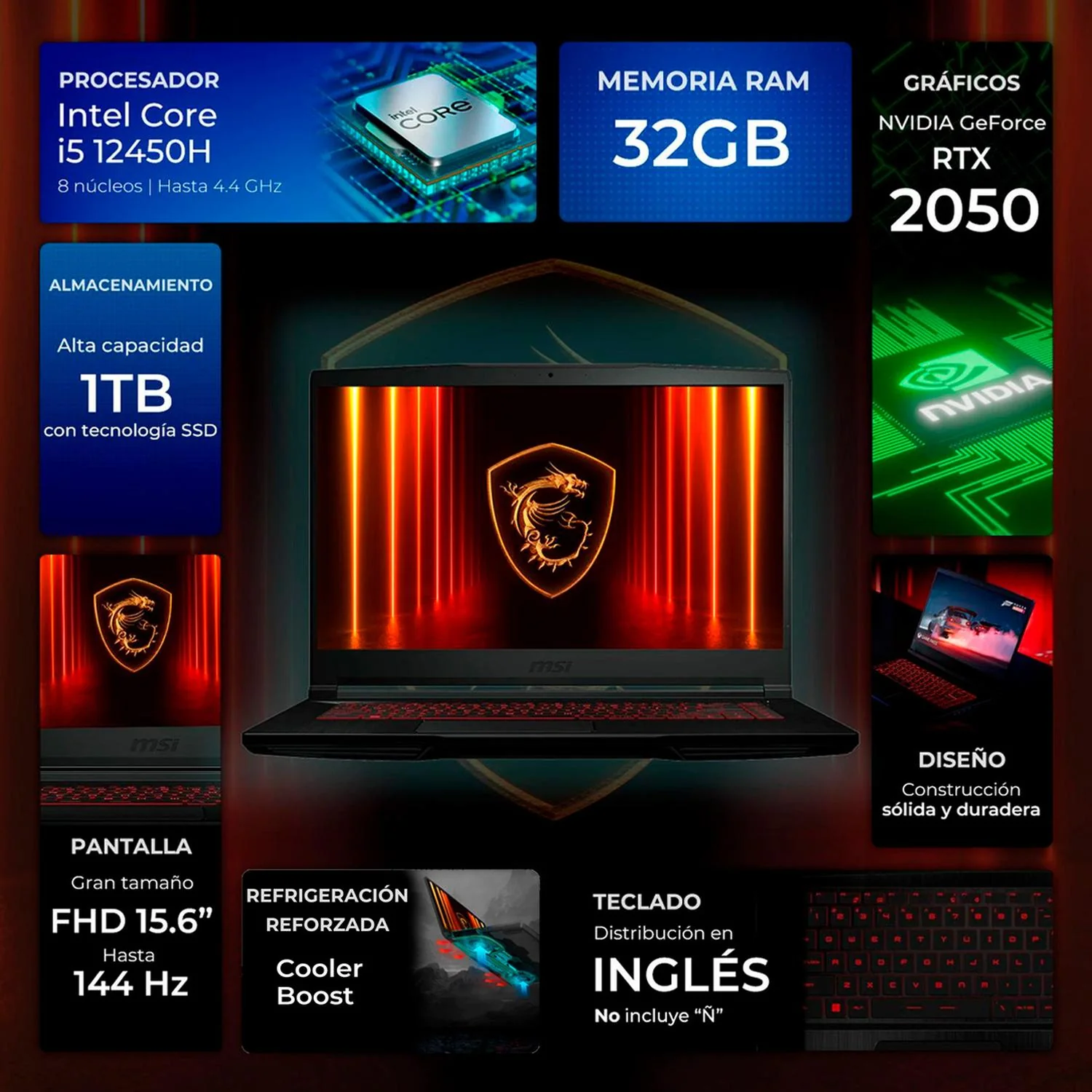 Laptop Gamer MSI Thin Nvidia GeForce RTX 2050 4GB Intel Core i5 12450H 32GB 1TB SSD Pantalla 15.6" IPS FHD 144Hz Teclado Ingles W11H Garantia y Servicio en Mexico - Image 2