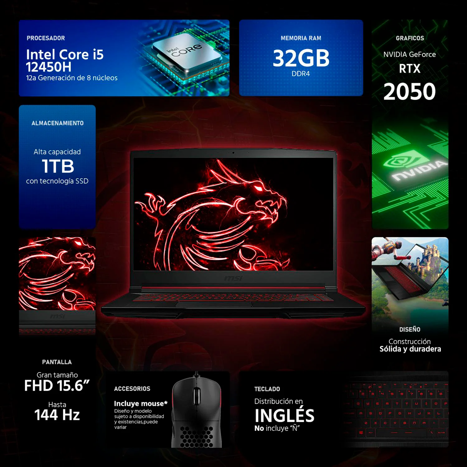 Laptop Gamer MSI Thin NVIDIA GeForce RTX 2050 Intel Core i5 12450H 32GB SSD 1TB 15.6" FHD 144Hz Teclado Ingles Mouse DXT Gaming Portabilidad y Gaming Entrada - Image 2