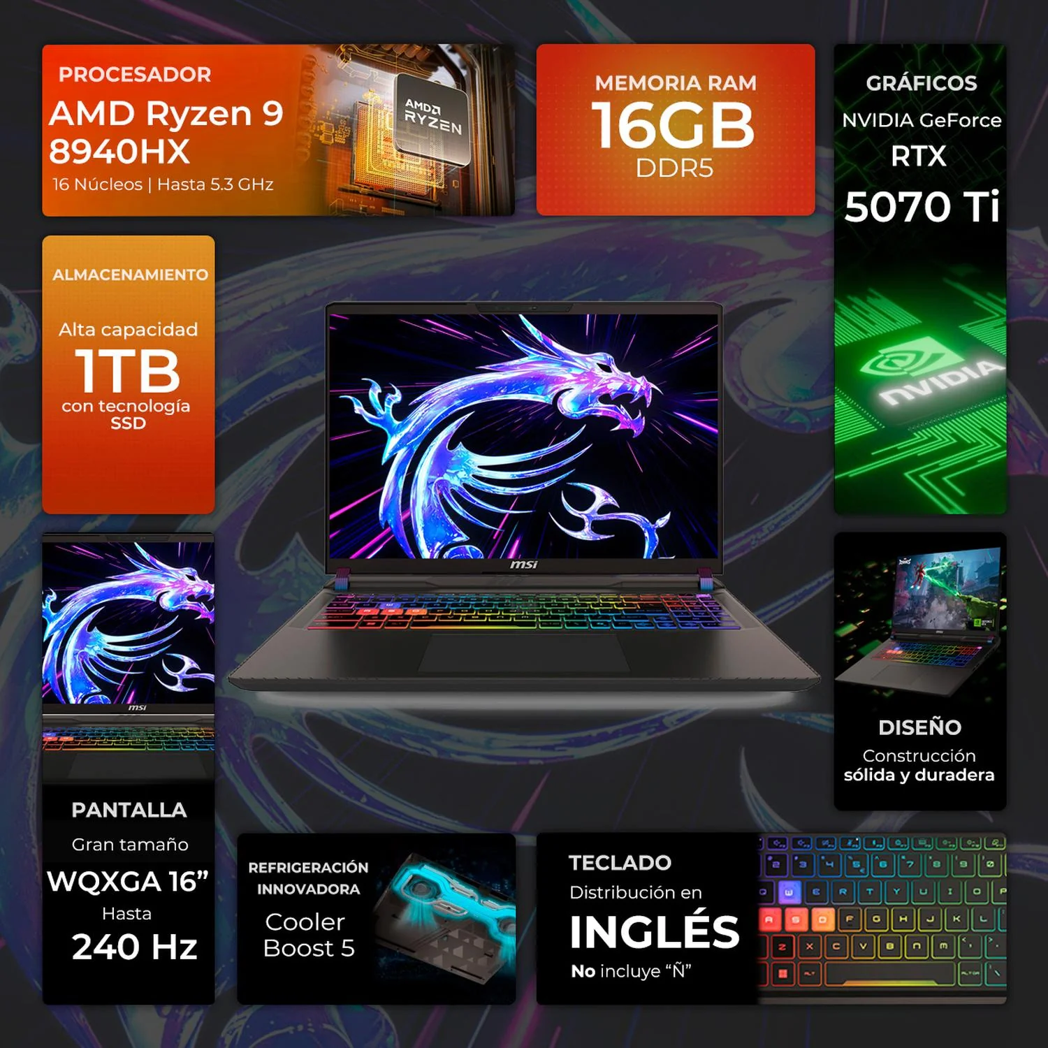 Laptop Gamer MSI Vector A16 NVIDIA GeForce RTX 5070 Ti AMD Ryzen 9 8940HX 16GB DDR5 SSD 1TB 16" WQXGA 240Hz Teclado Ingles Graficos Avanzados y Gaming de Alto Nivel - Image 2