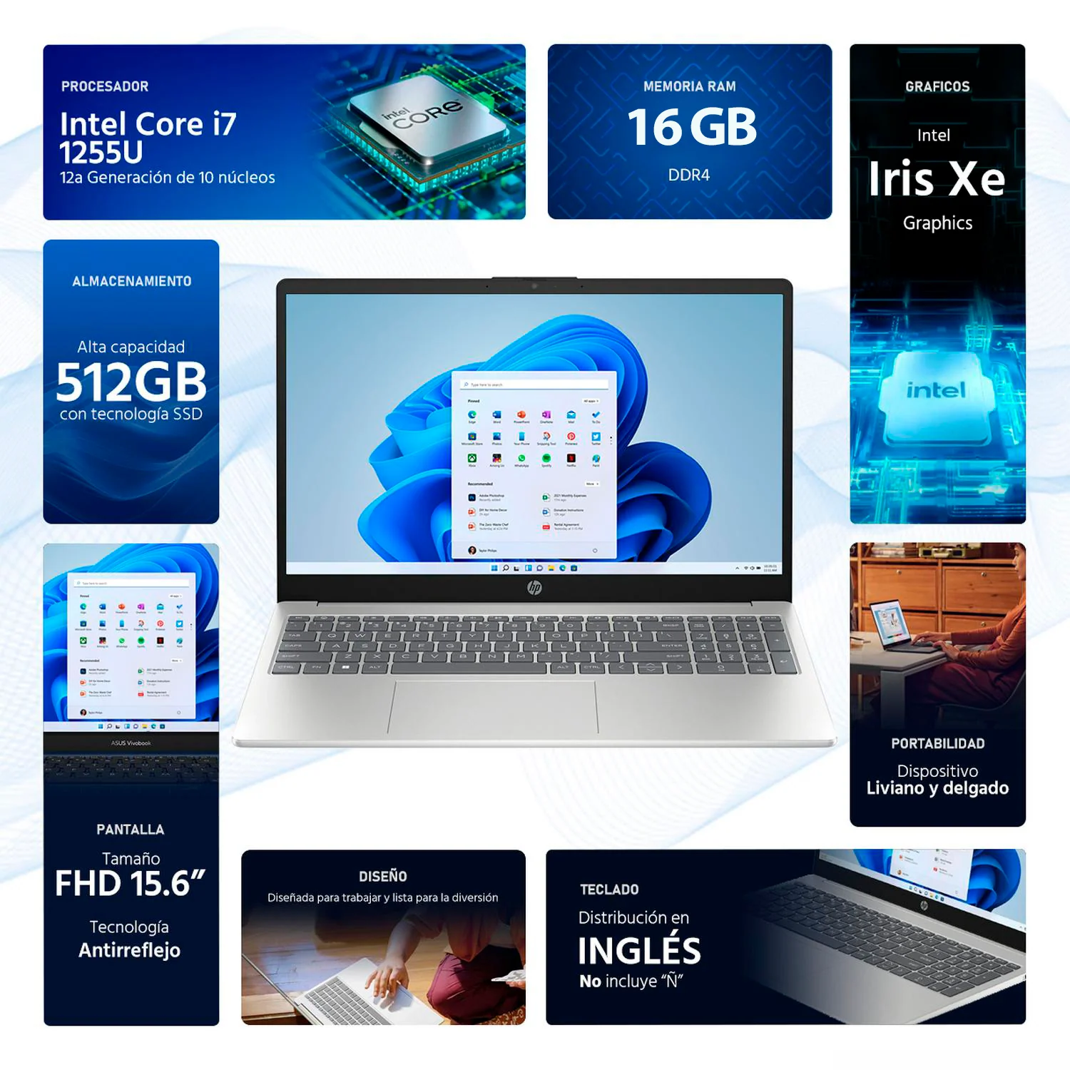 Laptop HP 15-FD0173WN Intel Core i7 1255U 16GB 512GB SSD Pantalla 15.6" Teclado Ingles W11H Plata - Image 2
