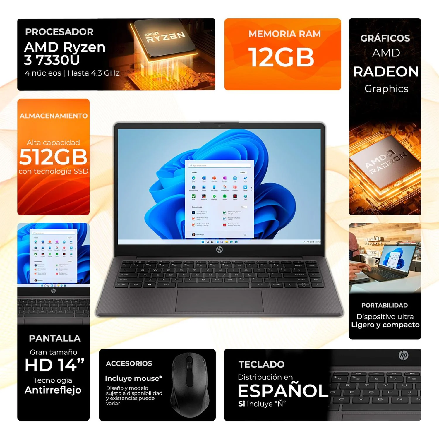 Laptop HP 245 G10 AMD Ryzen 3 7330U 12GB 512GB SSD Pantalla 14" Teclado Español Mouse DXT Garantía y Servicio en México - Image 2