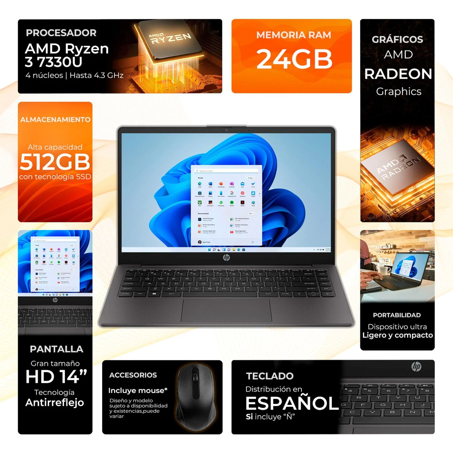 Laptop HP 245 G10 AMD Ryzen 3 7330U 24GB SSD 512GB 14" Teclado Español Mouse DXT ideal para Estudio y Trabajo Profesional - Image 2
