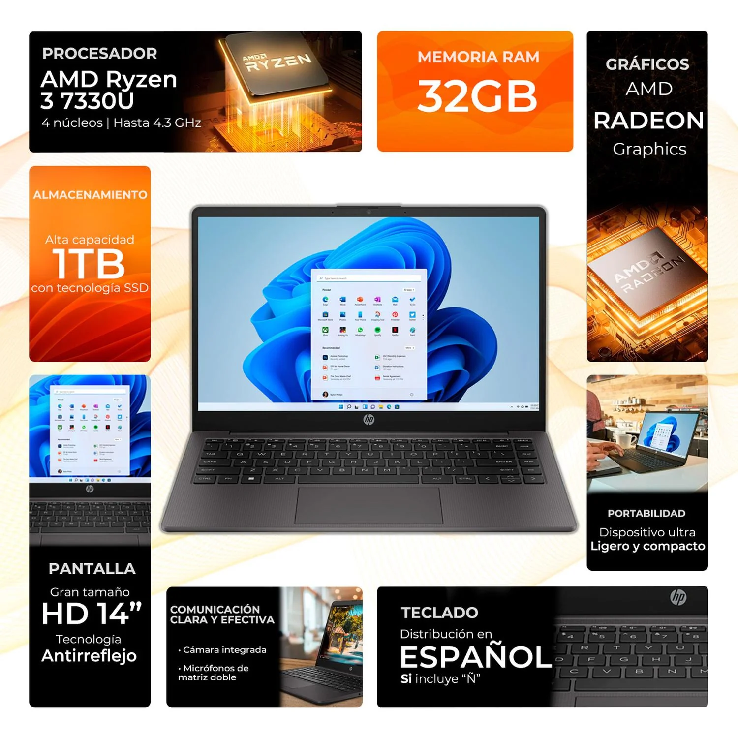 Laptop HP 245 G10 AMD Ryzen 3 7330U 32GB 1TB SSD Pantalla 14" Teclado Español Garantía y Servicio en México - Image 2