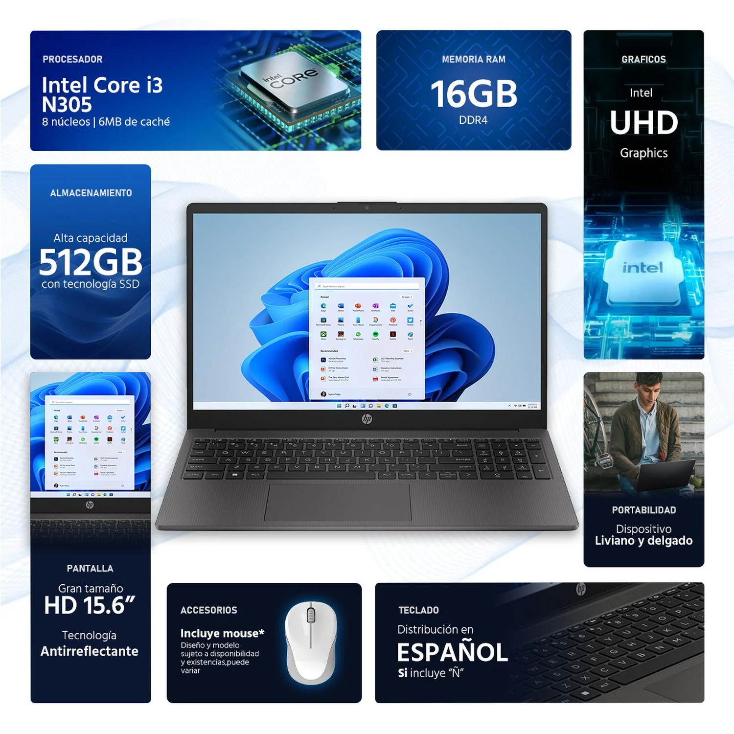 Laptop HP 250 G10 Intel Core i3 N305 16GB SSD 512GB 15.6" Teclado Español Mouse DXT Estudio y Productividad - Image 2