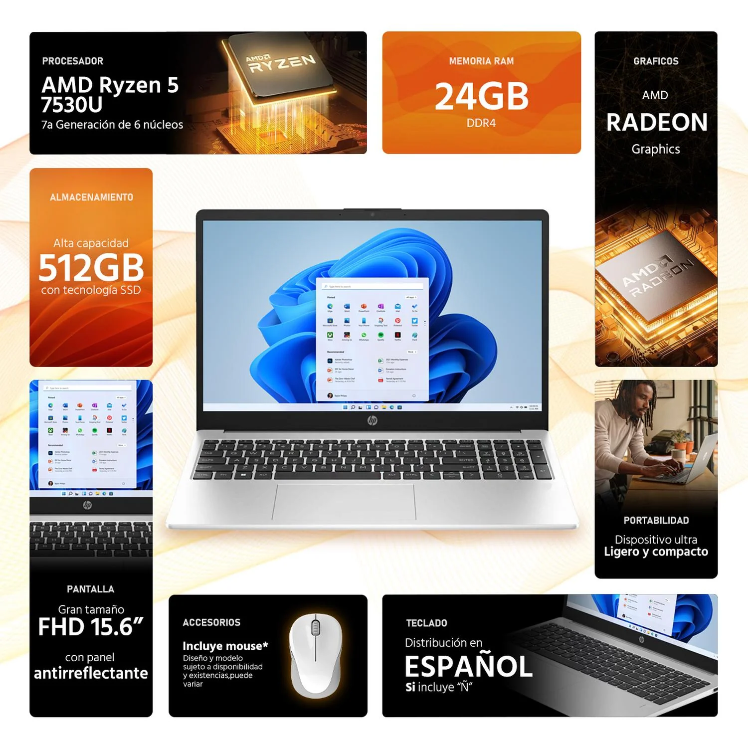 Laptop HP 255 G10 AMD Ryzen 5 7530U 24GB 512GB SSD 15.6" W11 Teclado Español Mouse DXT Productividad y Trabajo Profesional - Image 2