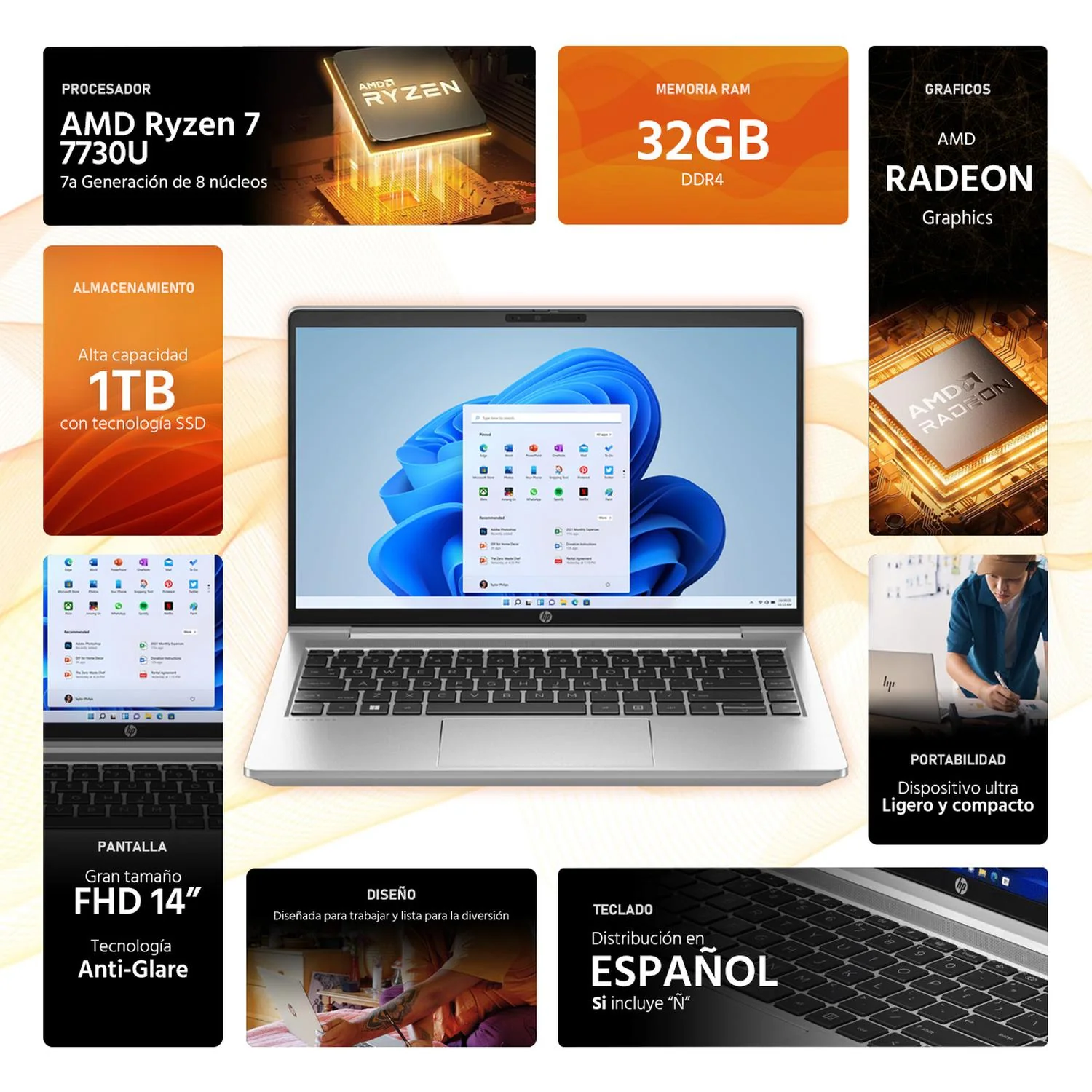 Laptop HP ProBook 445 G10 AMD Ryzen 7 7730U 32GB RAM 1TB SSD 14" Windows 11 Pro Teclado en Español - Image 2