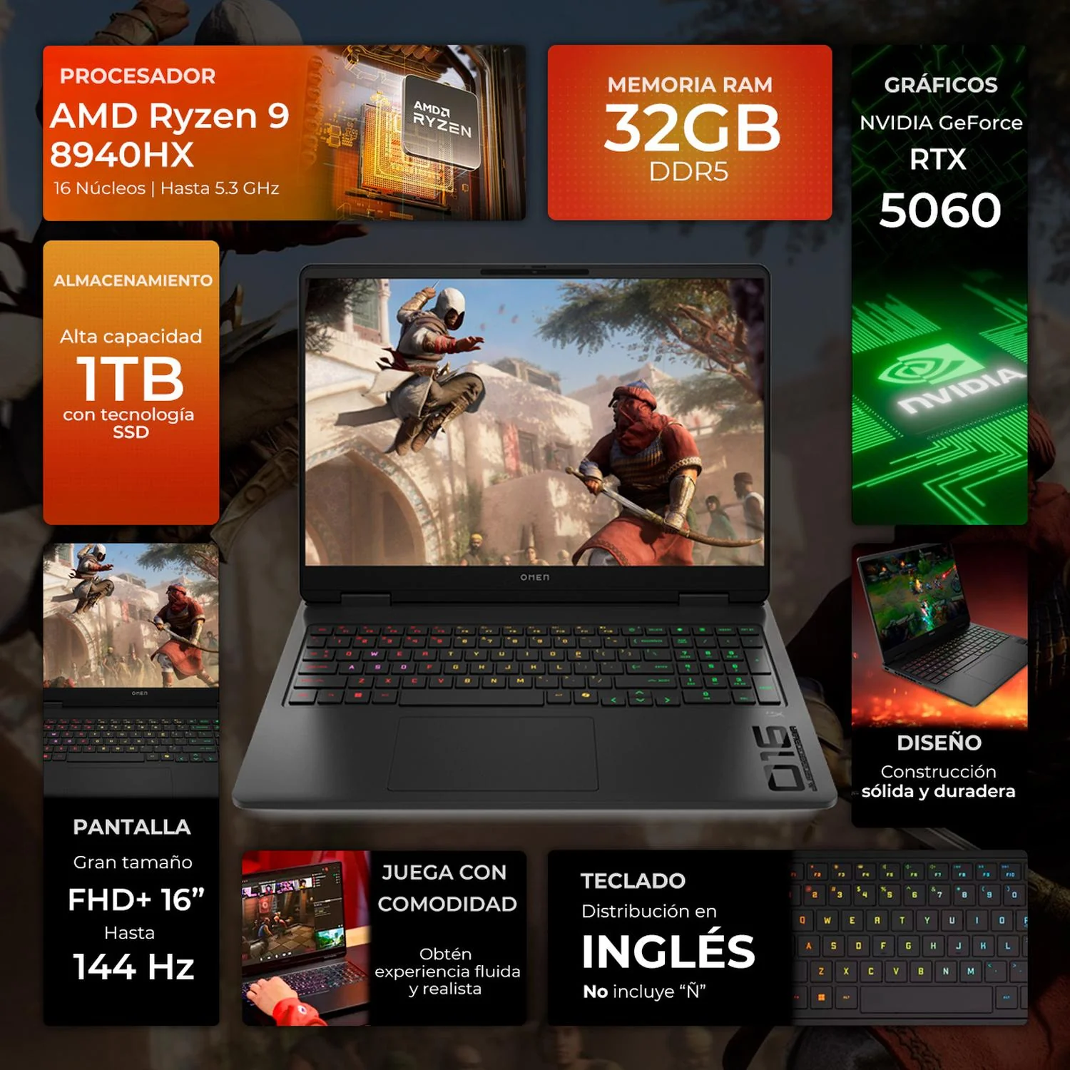 Laptop IA Gamer HP Omen Nvidia GeForce RTX 5060 8GB AMD Ryzen 9 8940HX 32GB DDR5 1TB SSD 16" IPS FHD+ 144Hz Teclado Ingles W11H Copilot Optimizada por IA Gaming Creación y Productividad - Image 2