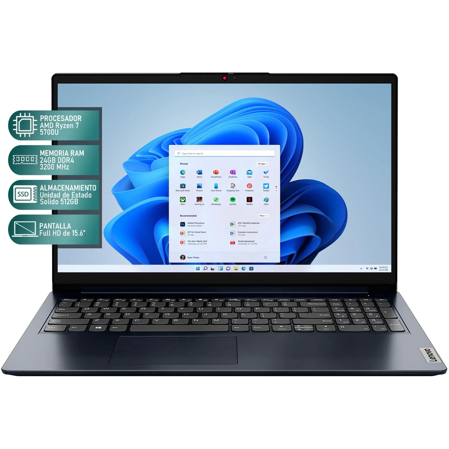 Laptop LENOVO IdeaPad 1 AMD Ryzen 7 5700U 24GB RAM 512GB SSD 15.6" Touchscreen Windows 11 Home Teclado en Español Open Box - Image 2