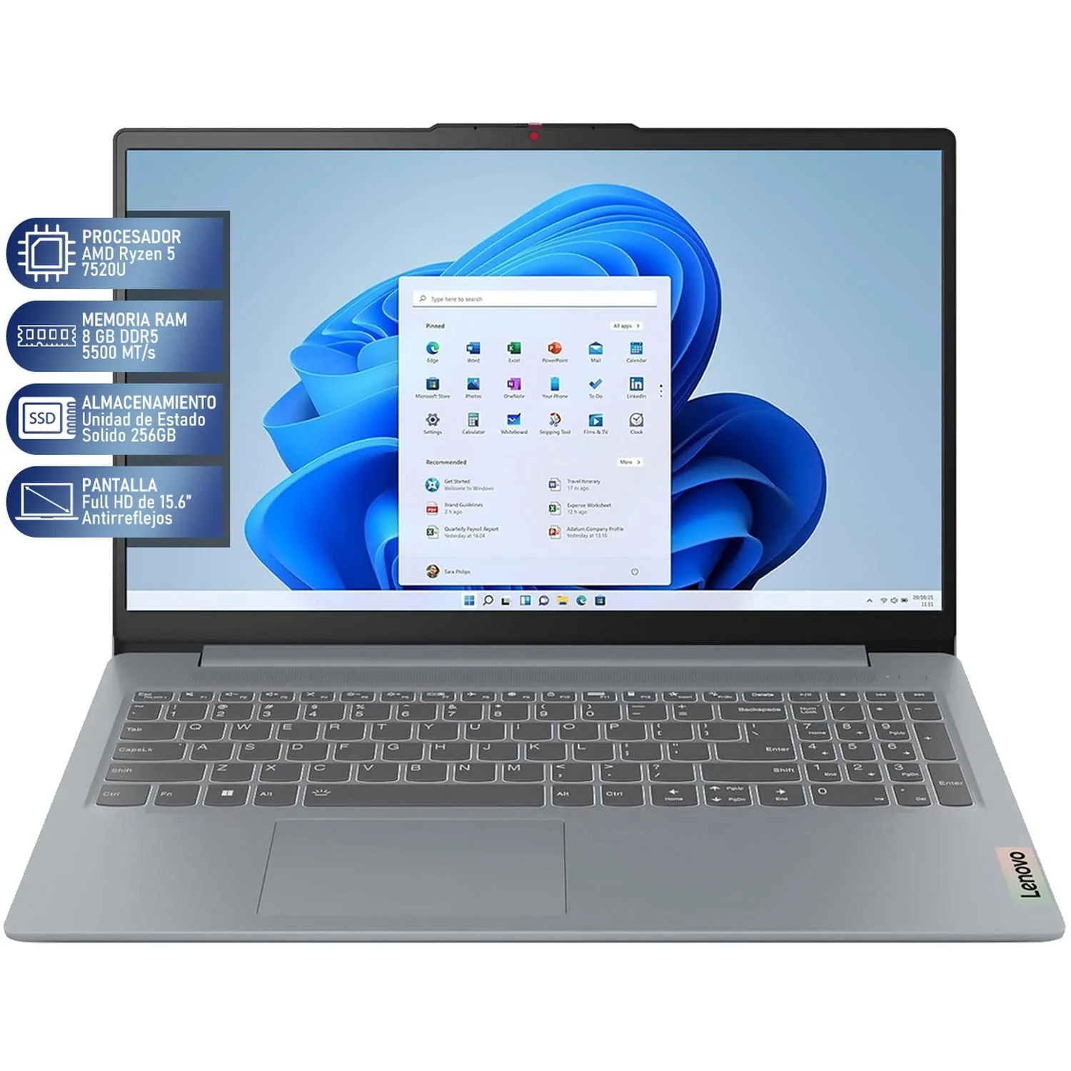 Laptop LENOVO IdeaPad AMD Ryzen 5 7520U 8GB RAM 256GB SSD Windows 11 Home Teclado en Ingles Reacondicionado Grado B - Image 2