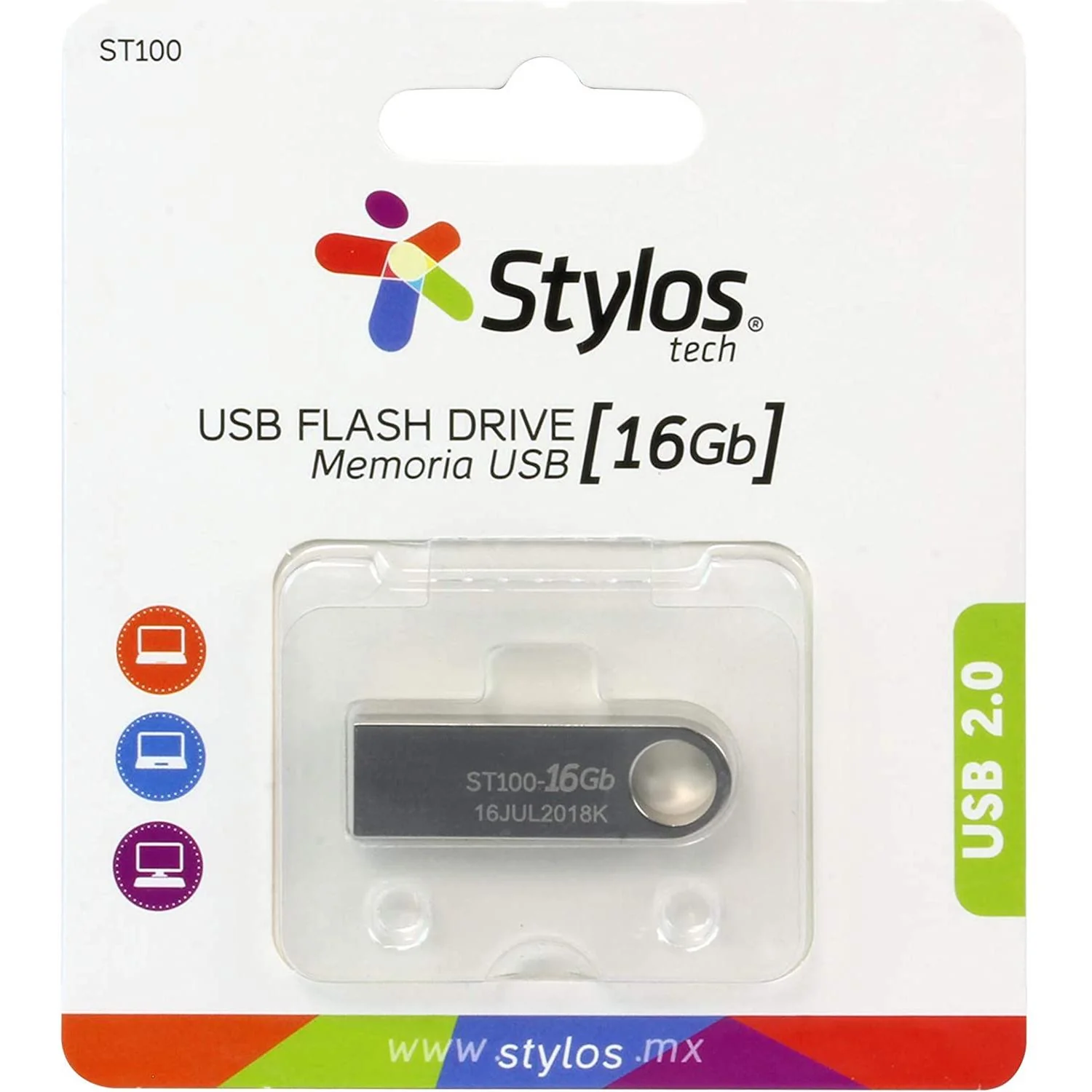 Memoria USB 16GB STYLOS Metalica Plata Flash Drive USB 2.0