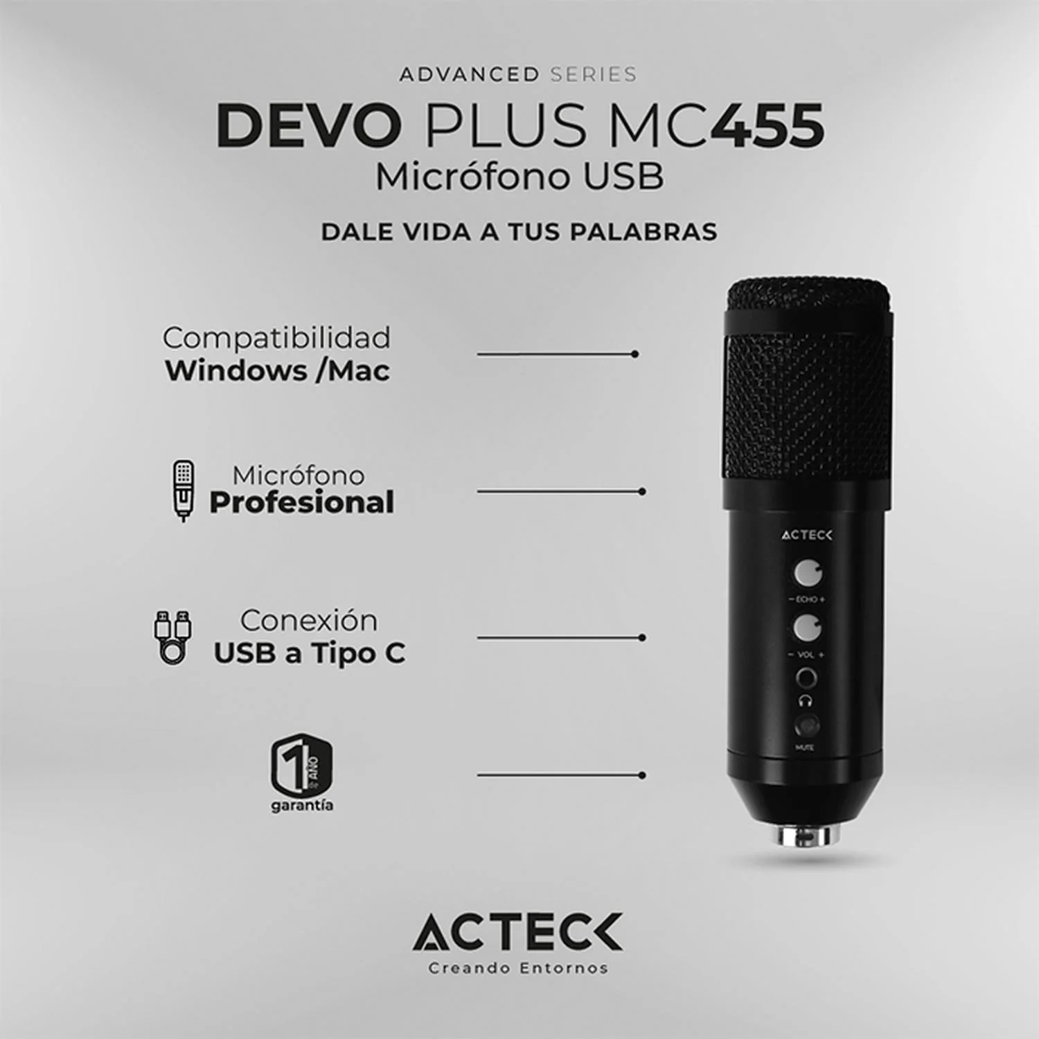 Microfono Gamer ACTCEK DEVO PLUS MC455 tripie USB-C Negro AC-936446 - Image 3