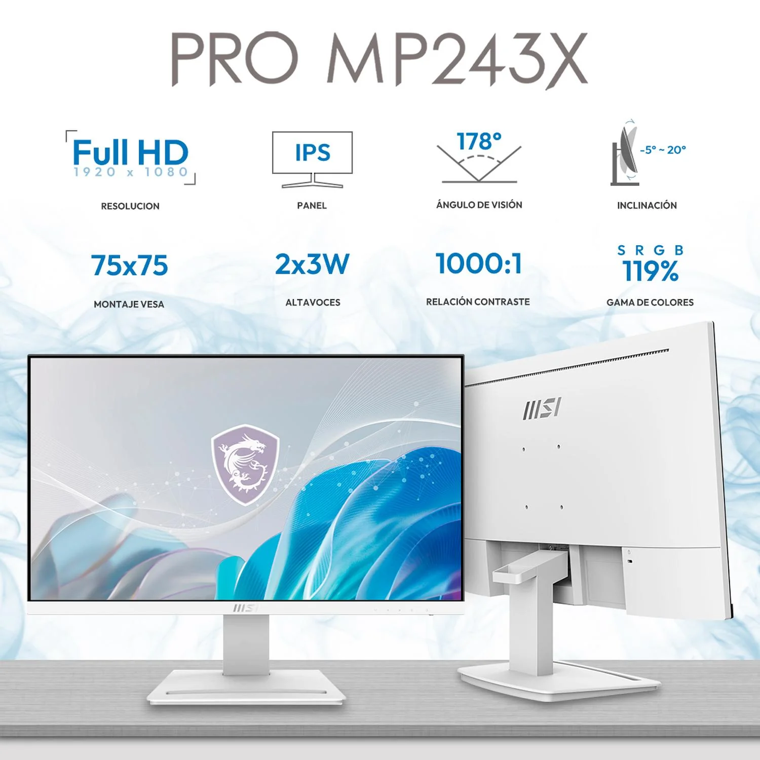 Monitor 24" MSI PRO MP243XW 1ms 100Hz IPS Full HD HDMI DisplayPort Altavoces Blanco - Image 2