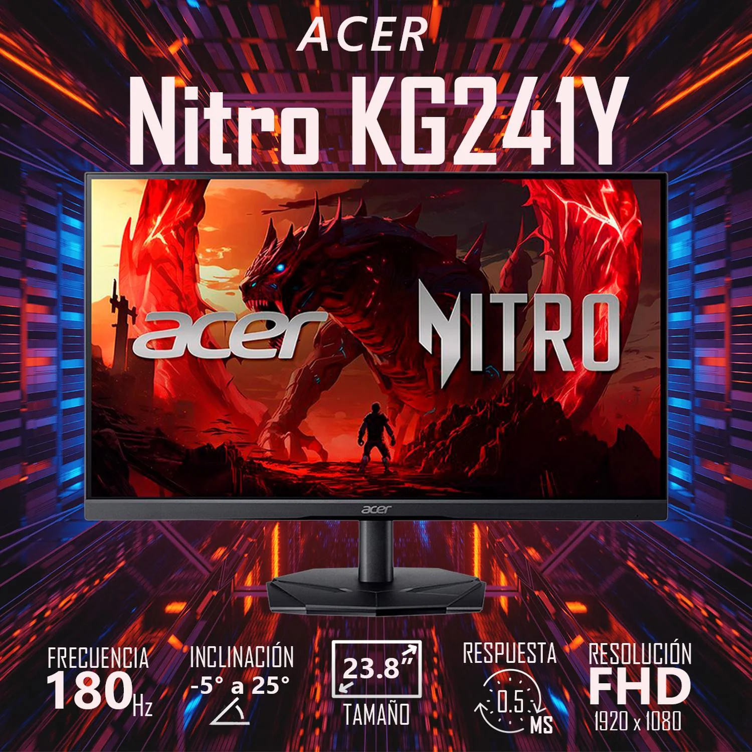 Monitor Gamer 23.8 ACER NITRO KG241Y P3BIP 0.5ms 180Hz Full HD VA HDMI DP AMD FreeSync - Image 4