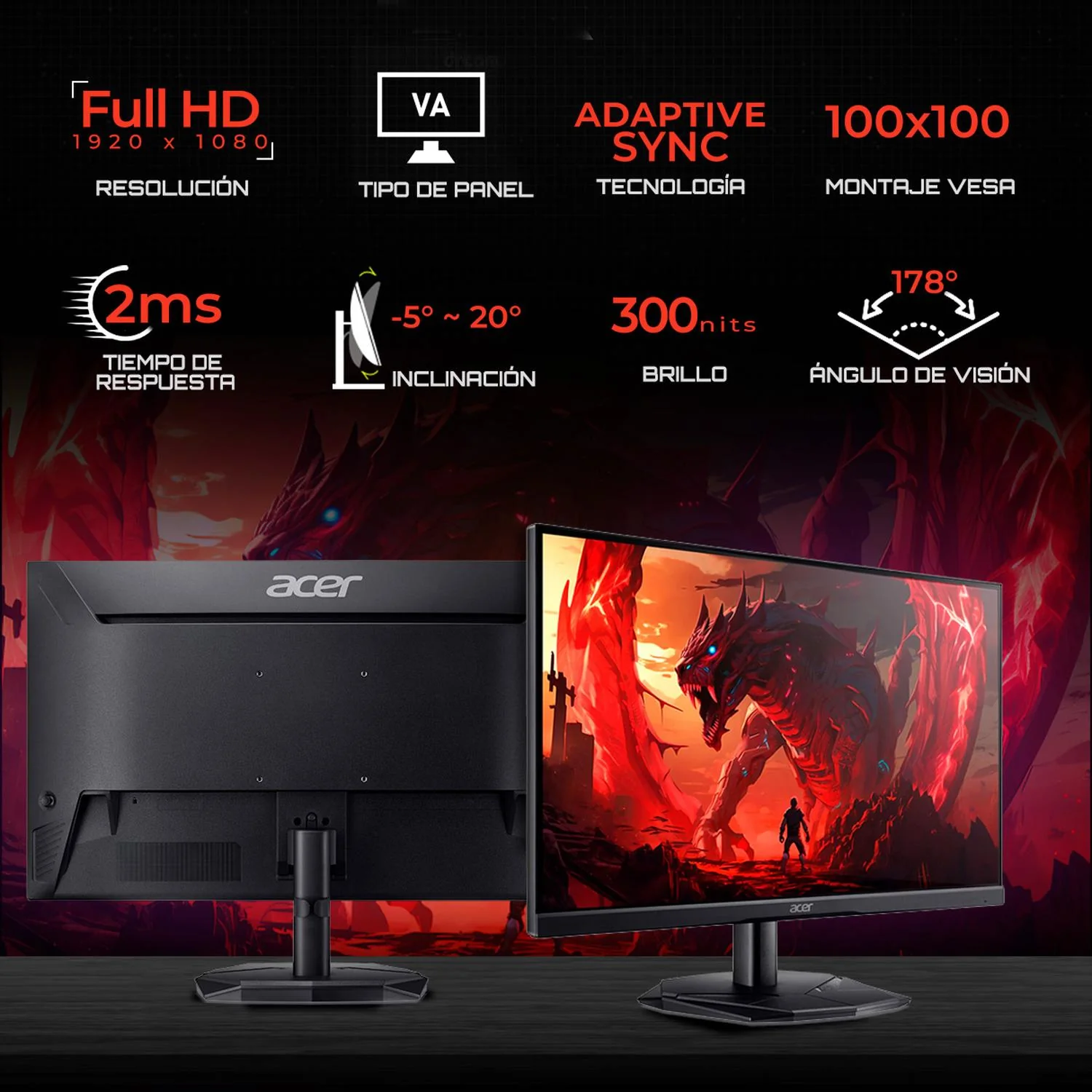 Monitor Gamer 23.8" ACER Nitro KG241Y X3bip Full HD 200Hz 2ms VA Adaptative-Sync HDMI DP Negro UM.QX1AA.309 Gaming y multitarea - Image 2