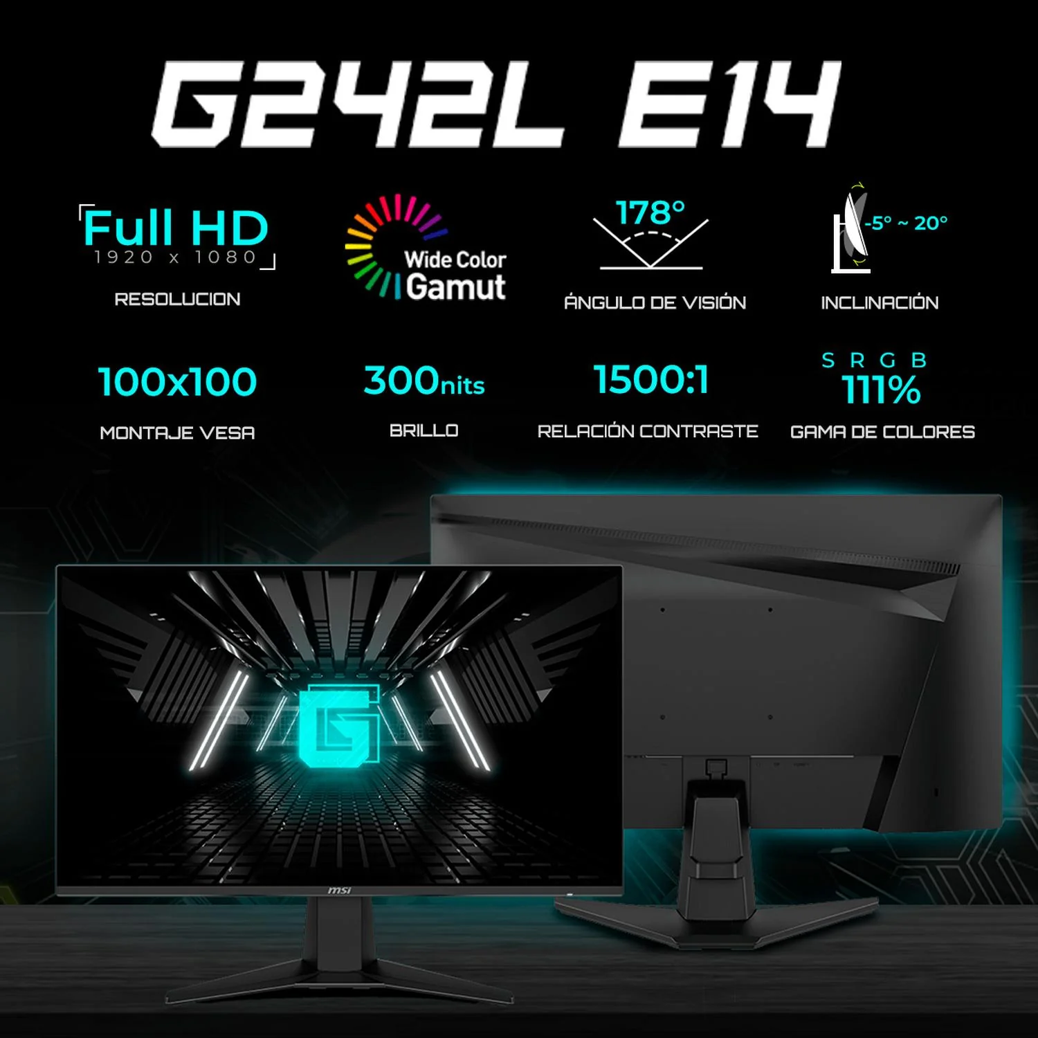 Monitor Gamer 23.8" MSI G242L E14 FHD 1920 x 1080 144Hz 1ms Panel IPS Adaptive-Sync HDMI DP Negro Rendimiento Competitivo y Gaming Fluido - Image 2