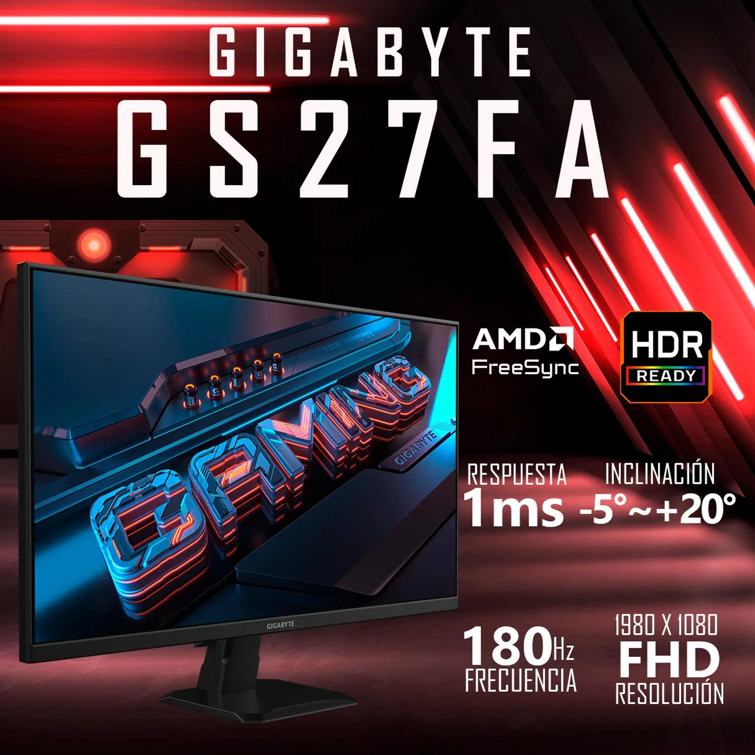 Monitor Gamer 27 GIGABYTE GS27FA 1ms 180Hz FHD IPS HDMI DP AMD FreeSync - Image 2