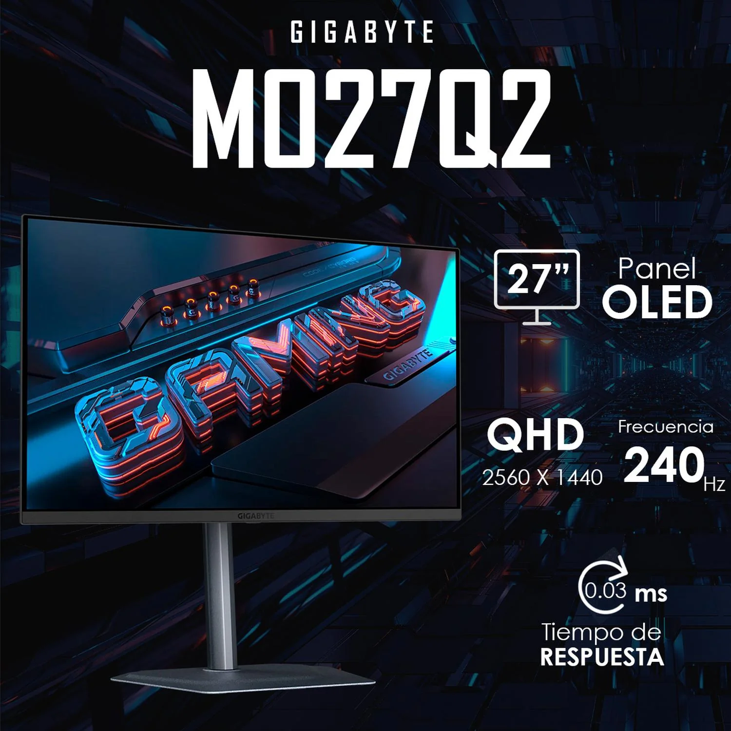 Monitor Gamer 27 GIGABYTE MO27Q2 0.03ms 240Hz QHD Pantalla OLED HDMI DP USB-C AMD FreeSync Bocinas - Image 4