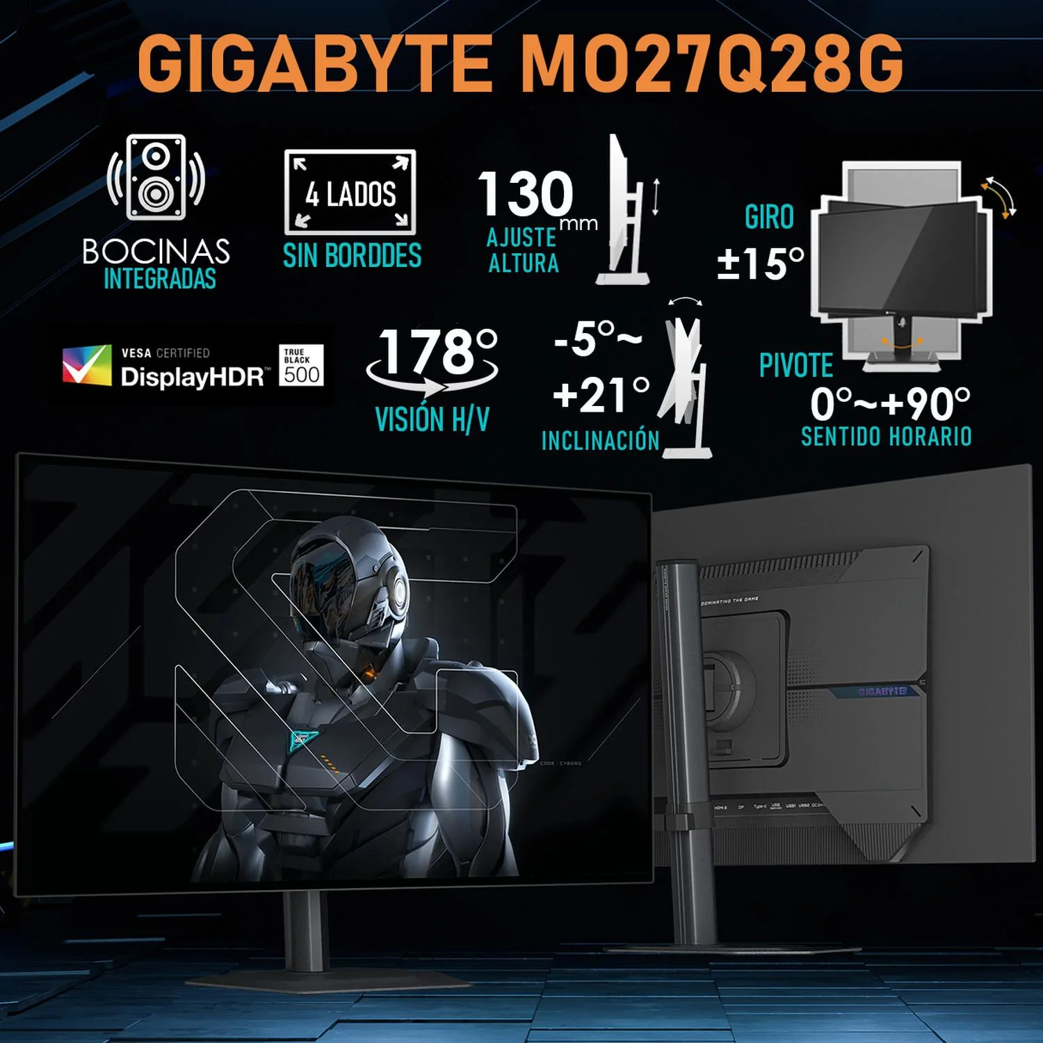 Monitor Gamer 27" GIGABYTE MO27Q28G QHD 280Hz 0.03ms WOLED G-Sync HDMI DP USB-C Altavoz Gaming Profesional - Image 3