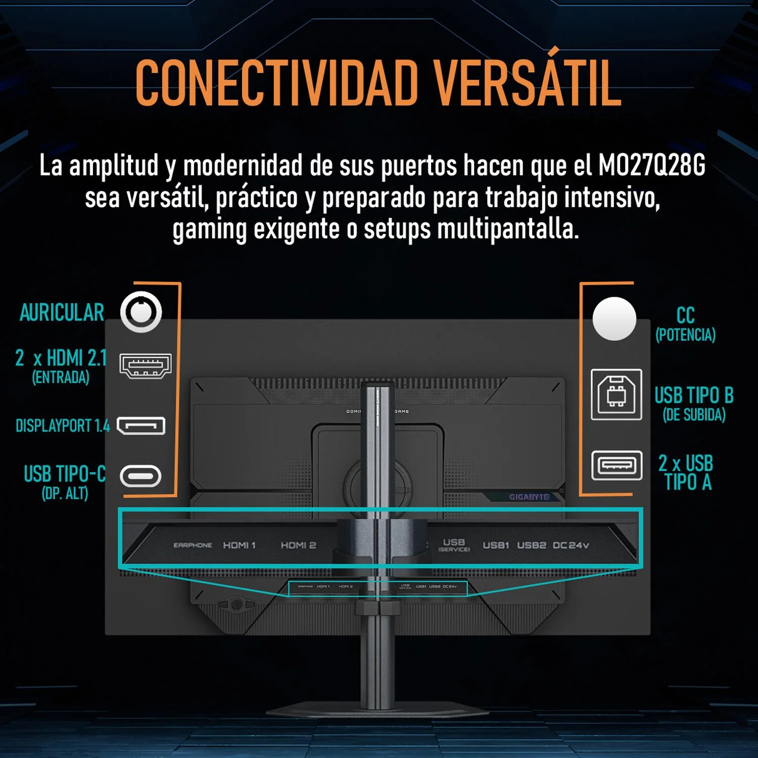 Monitor Gamer 27" GIGABYTE MO27Q28G QHD 280Hz 0.03ms WOLED G-Sync HDMI DP USB-C Altavoz Gaming Profesional - Image 5