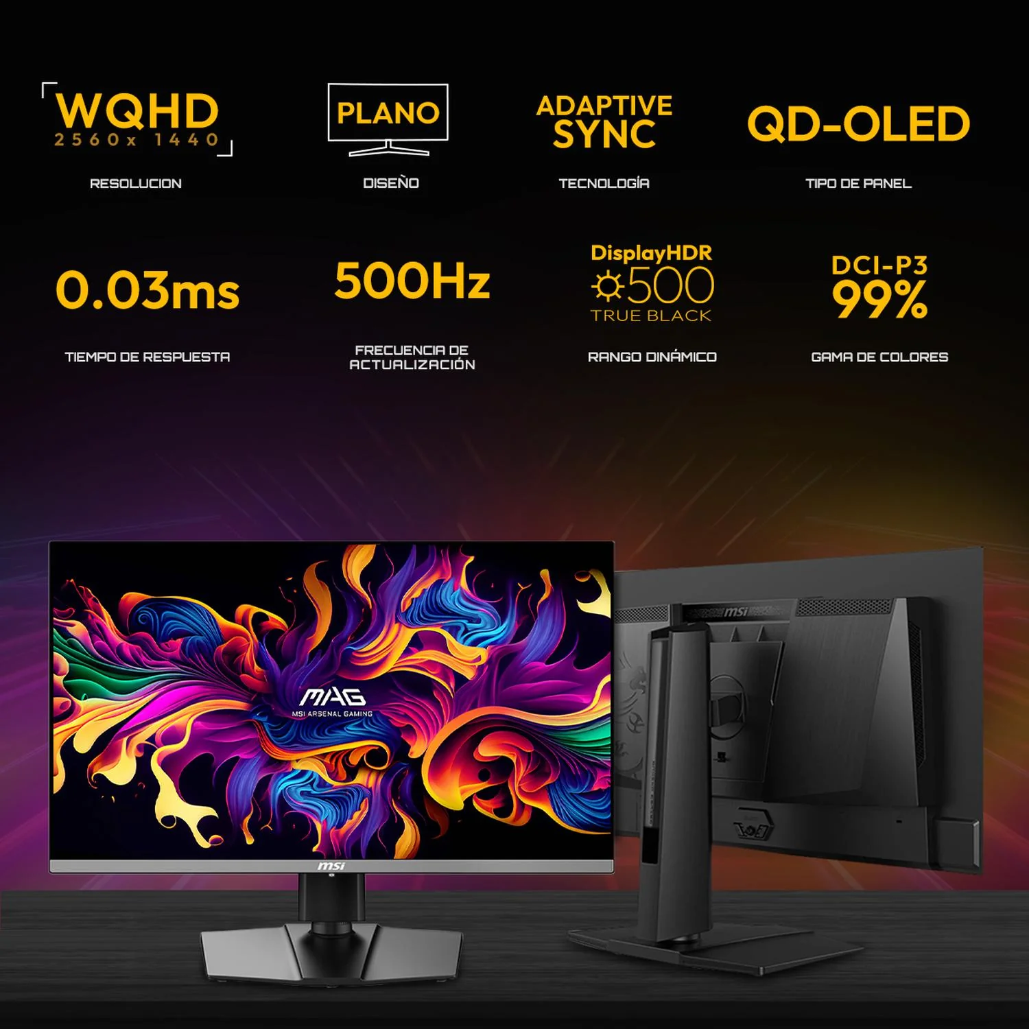 Monitor Gamer OLED 27" MSI MAG 272QP QD-OLED X50 WQHD 2560x1440 500Hz 0.03ms Nvidia G-Sync HDMI 2.1 DP 1.4a USB-C Garantia OLED 3 Años - Image 2