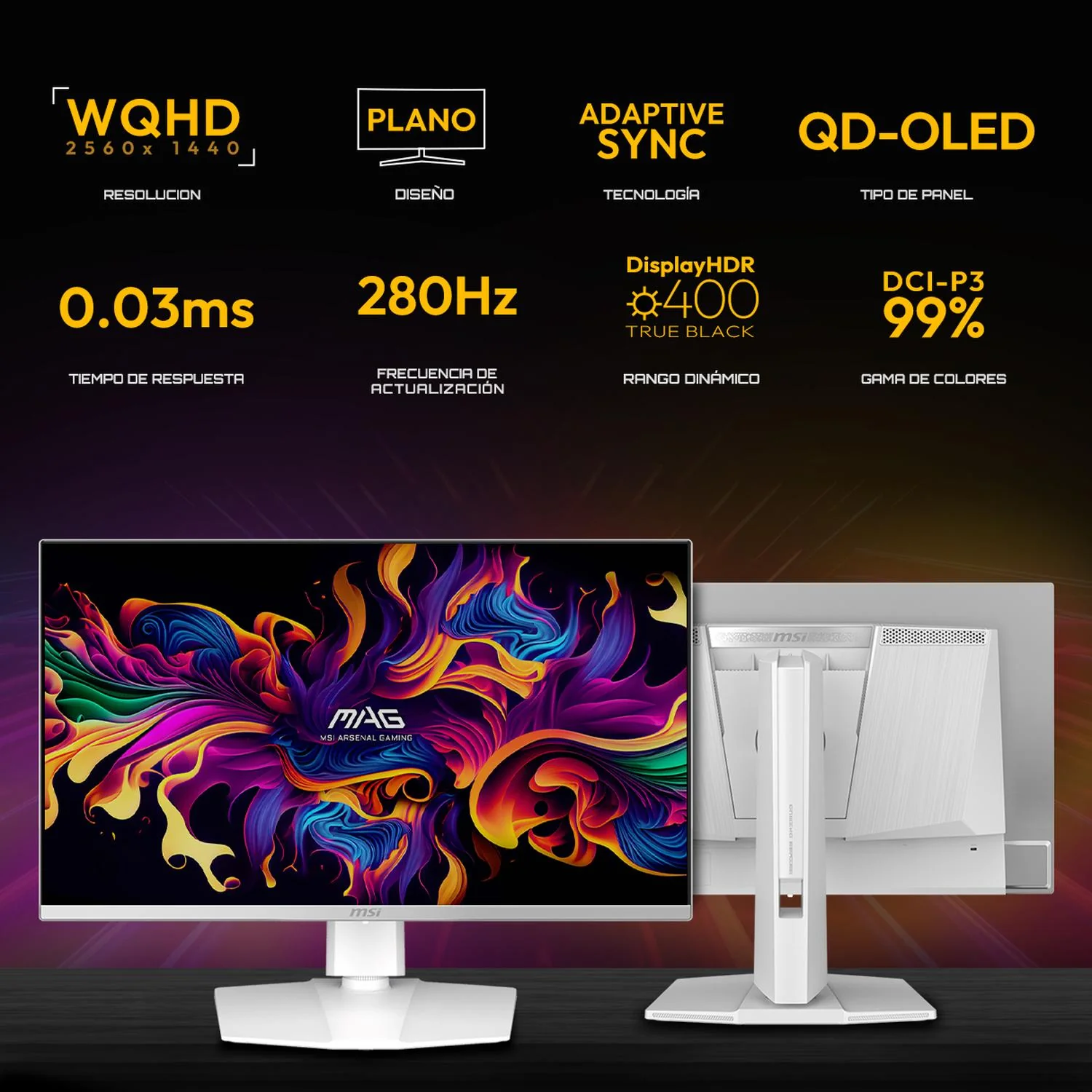 Monitor Gamer OLED 27" MSI MAG 272QPW QD-OLED X28 WQHD 2560x1440 280Hz 0.03ms HDMI 2.1 DP 1.4a USB-C Nvidia G-Sync Garantia OLED 3 Años - Image 2