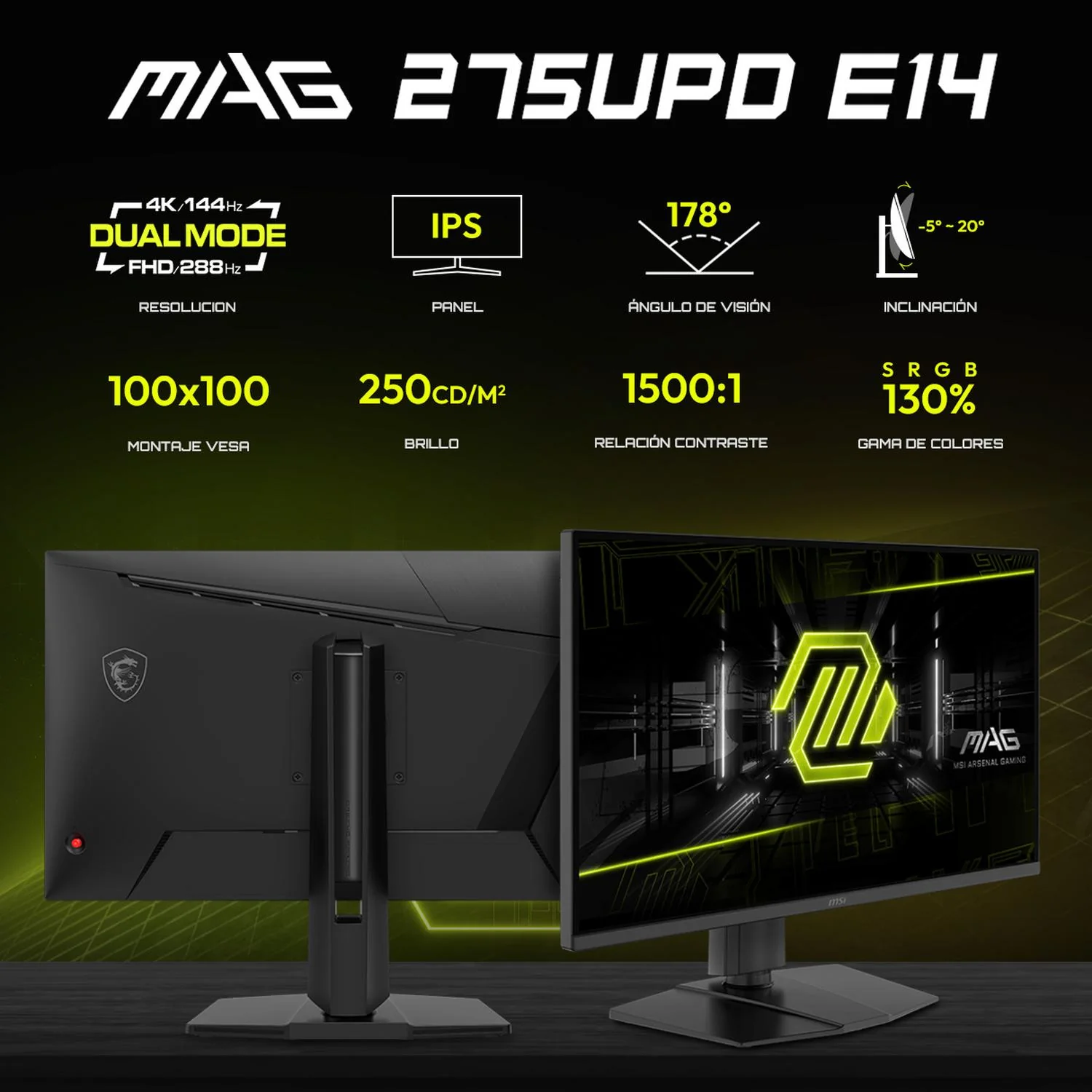 Monitor Gamer 27" MSI MAG 275UPD E14 1ms 288Hz IPS 4K UHD Dual Mode HDMI 2.1 DisplayPort 1.4a Altavoces Adaptative Sync Reacondicionado - Image 2