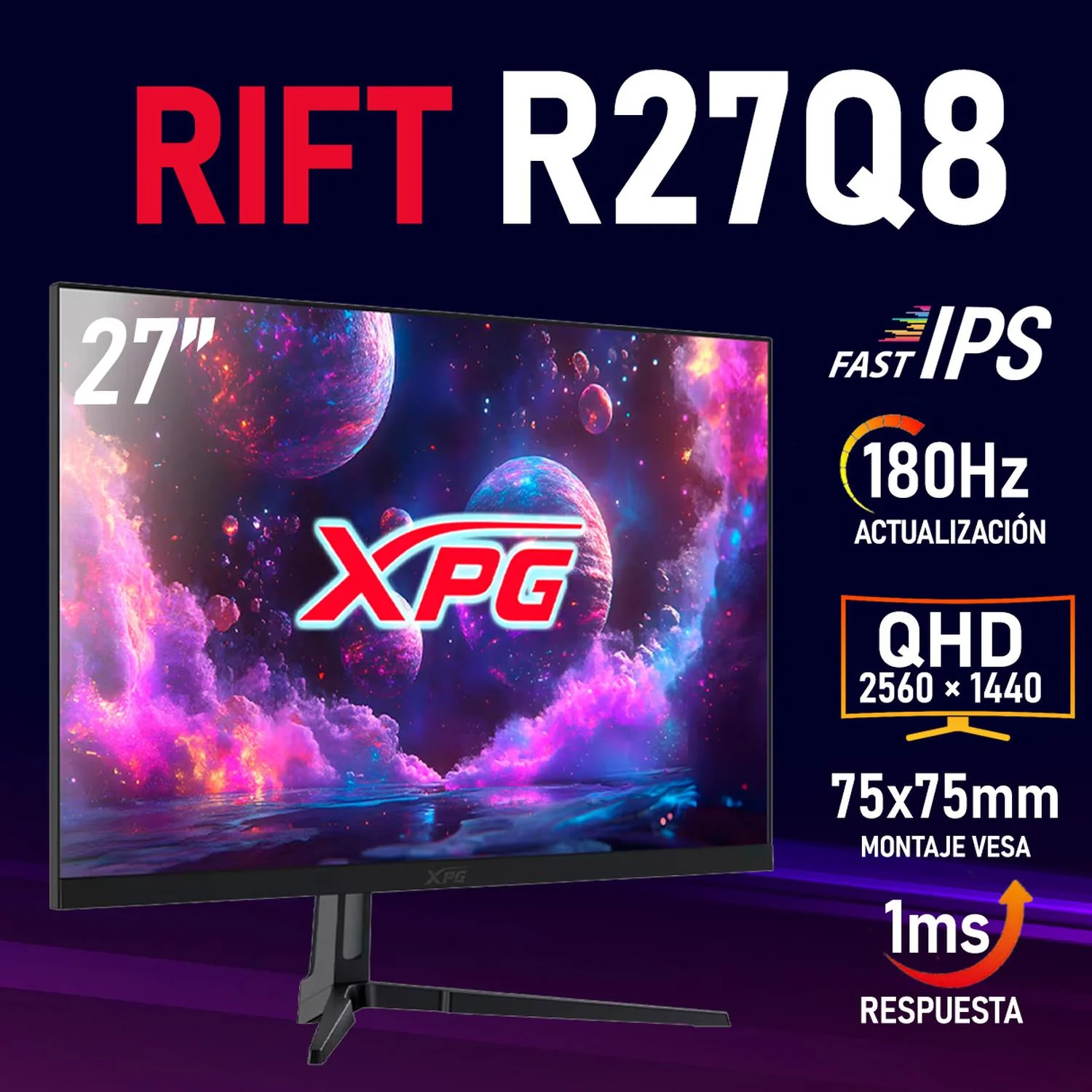 Monitor Gamer 27 XPG RIFT R27Q8 1ms 180Hz QHD IPS HDMI DP Adaptive Sync Negro R27Q8-BKCMX - Image 2