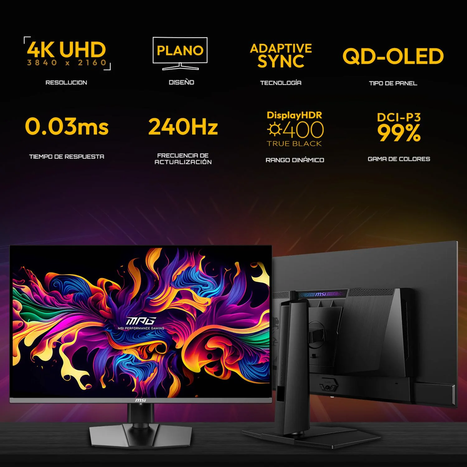 Monitor Gamer OLED 4K 32" MSI MPG 321URX QD-OLED UHD 3840x2160 240Hz 0.03ms Nvidia G-Sync HDMI 2.1 DP 1.4a USB-C Garantia OLED 3 Años - Image 2