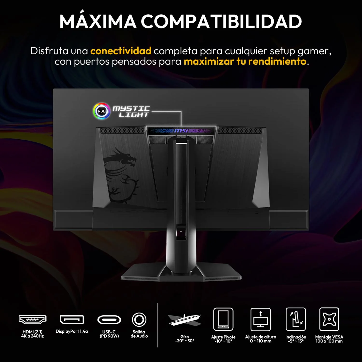 Monitor Gamer OLED 4K 32" MSI MPG 321URX QD-OLED UHD 3840x2160 240Hz 0.03ms Nvidia G-Sync HDMI 2.1 DP 1.4a USB-C Garantia OLED 3 Años - Image 6