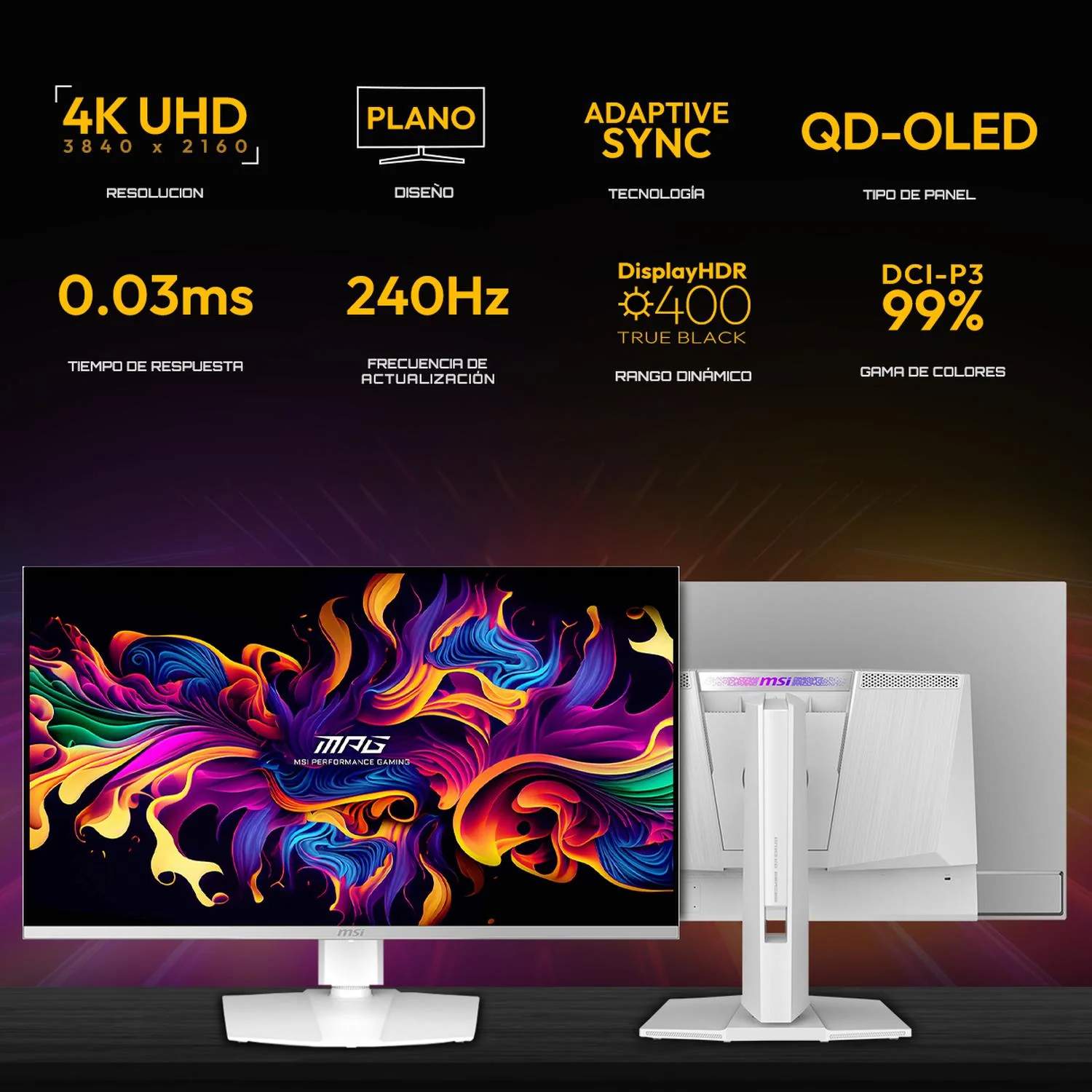 Monitor Gamer OLED 4K 32" MSI MPG 321URXW QD-OLED UHD 3840x2160 240Hz 0.03ms Nvidia G-Sync HDMI 2.1 DP 1.4a USB-C Garantia OLED 3 Años - Image 2