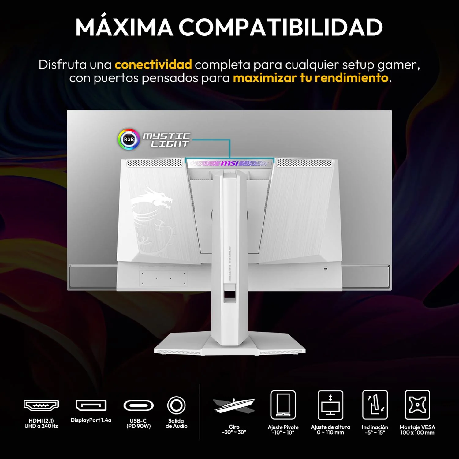 Monitor Gamer OLED 4K 32" MSI MPG 321URXW QD-OLED UHD 3840x2160 240Hz 0.03ms Nvidia G-Sync HDMI 2.1 DP 1.4a USB-C Garantia OLED 3 Años - Image 6