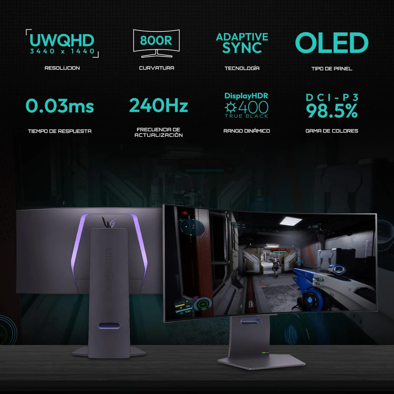 Monitor Gamer 34" LG UltraGear 34GS95QE 0.03ms 240Hz Ultra Wide QHD OLED HDMI 2.1 DisplayPort 1.4 Adaptive Sync - Image 2