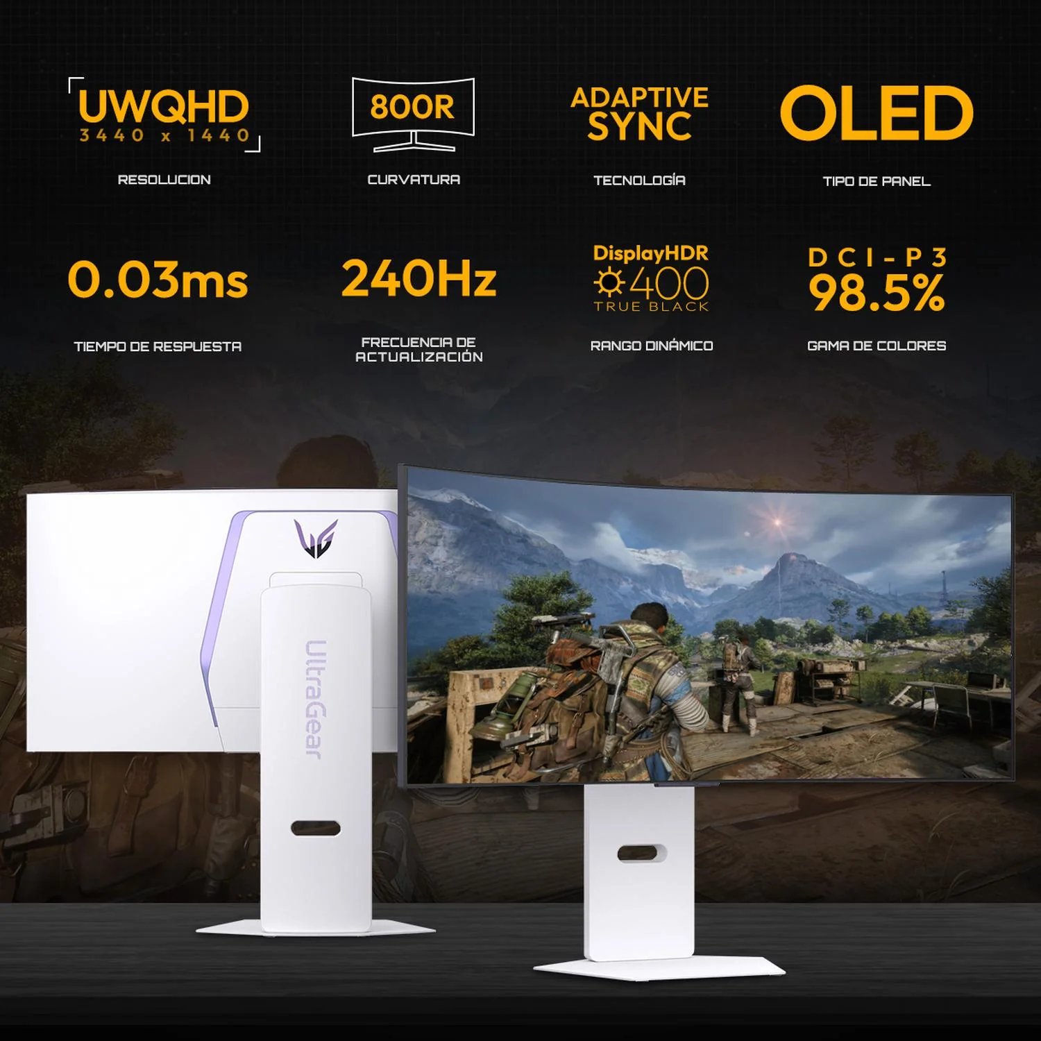 Monitor Gamer 34" LG UltraGear 3934GX90SA-W 0.03ms 240Hz Ultra Wide QHD OLED HDMI 2.1 DisplayPort 1.4 Altavoces Adaptive Sync Blanco - Image 2