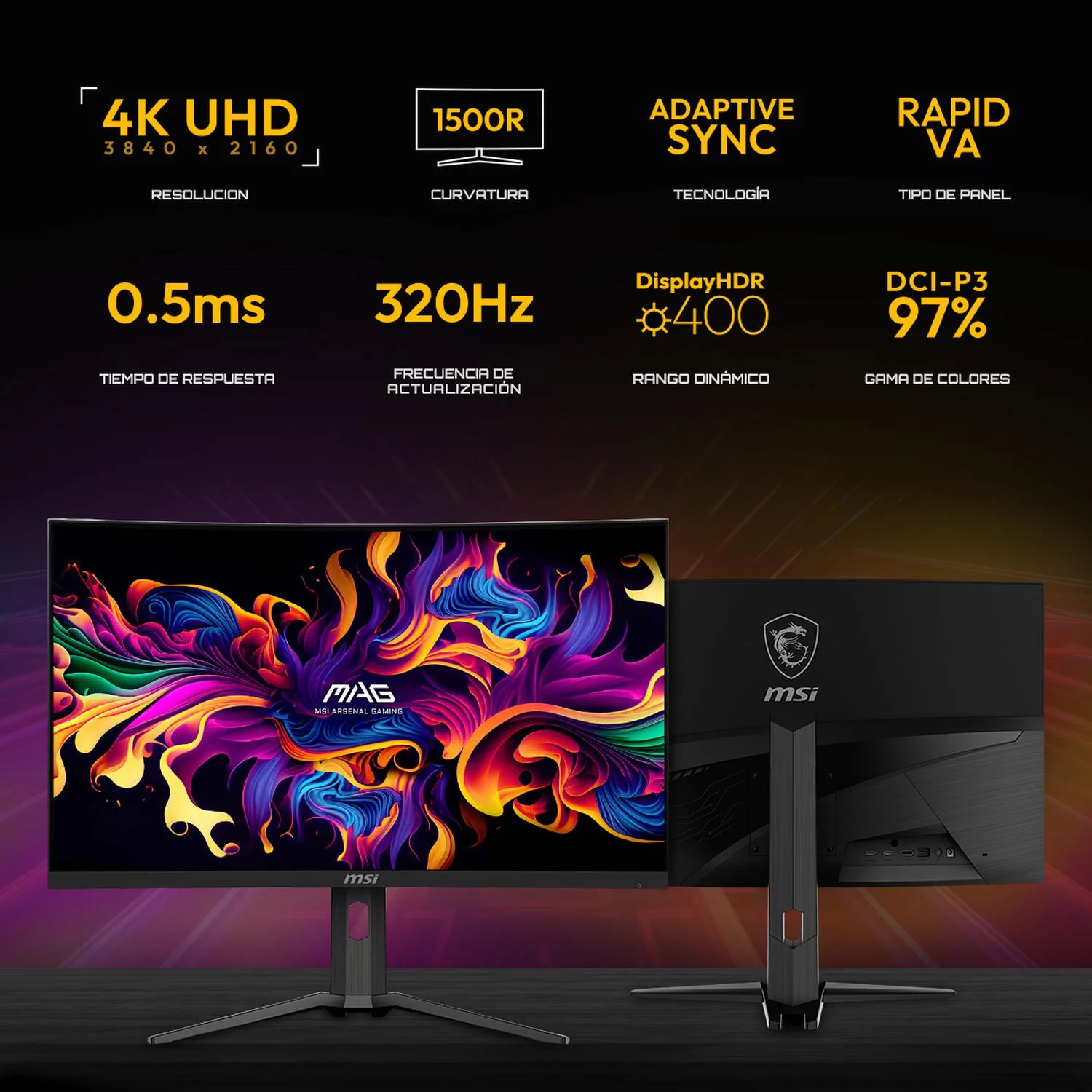 Monitor Gamer Curvo 32" MSI MAG 321CUPDF 0.5ms 320Hz 4K UHD Rapid VA Dual Mode USB-C HDMI 2.1 DisplayPort 1.4a Adaptive Sync - Image 2