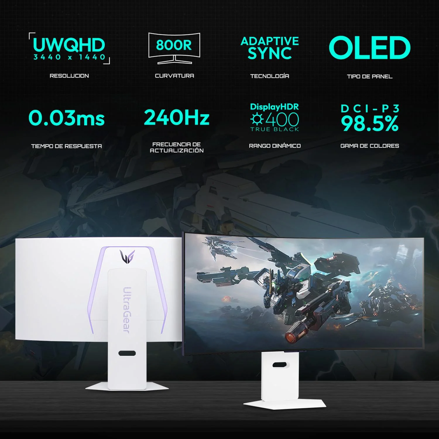 Monitor Gamer Curvo 39" LG UltraGear 39GX90SA-W 0.03ms 240Hz Ultra Wide QHD OLED USB-C DisplayPort 1.4 Altavoces Adaptive Sync Blanco - Image 2