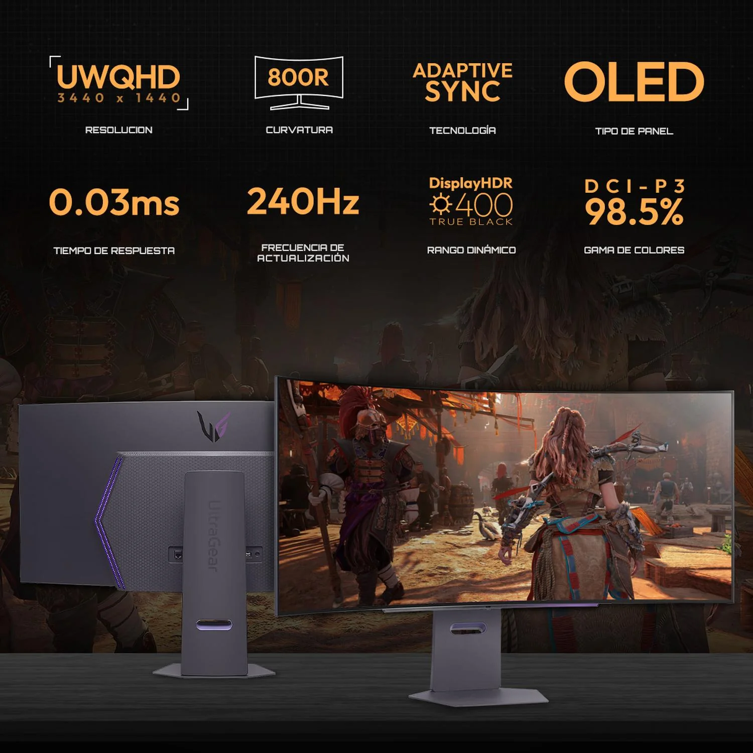 Monitor Gamer Curvo 45" LG UltraGear 45GX90SA-B 0.03ms 240Hz Ultra Wide QHD OLED USB-C DisplayPort 1.4 Altavoces Adaptive Sync - Image 2