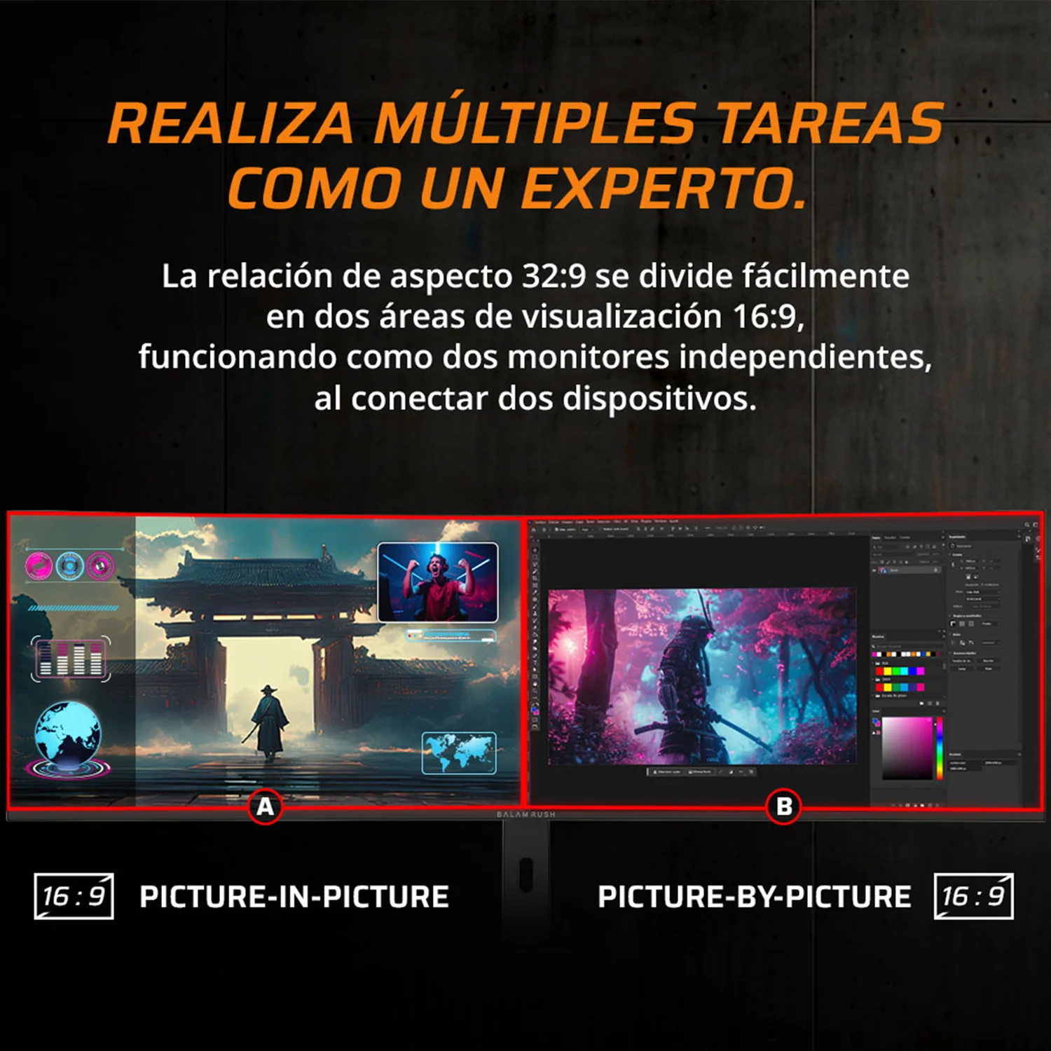 Monitor Gamer Curvo 49 BALAM RUSH EXORVIT EARTH MZX49C 1ms 144Hz DQHD IPS LED HDMI USB-C Altavoces FreeSync/G-Sync Negro BR-940665 - Image 3