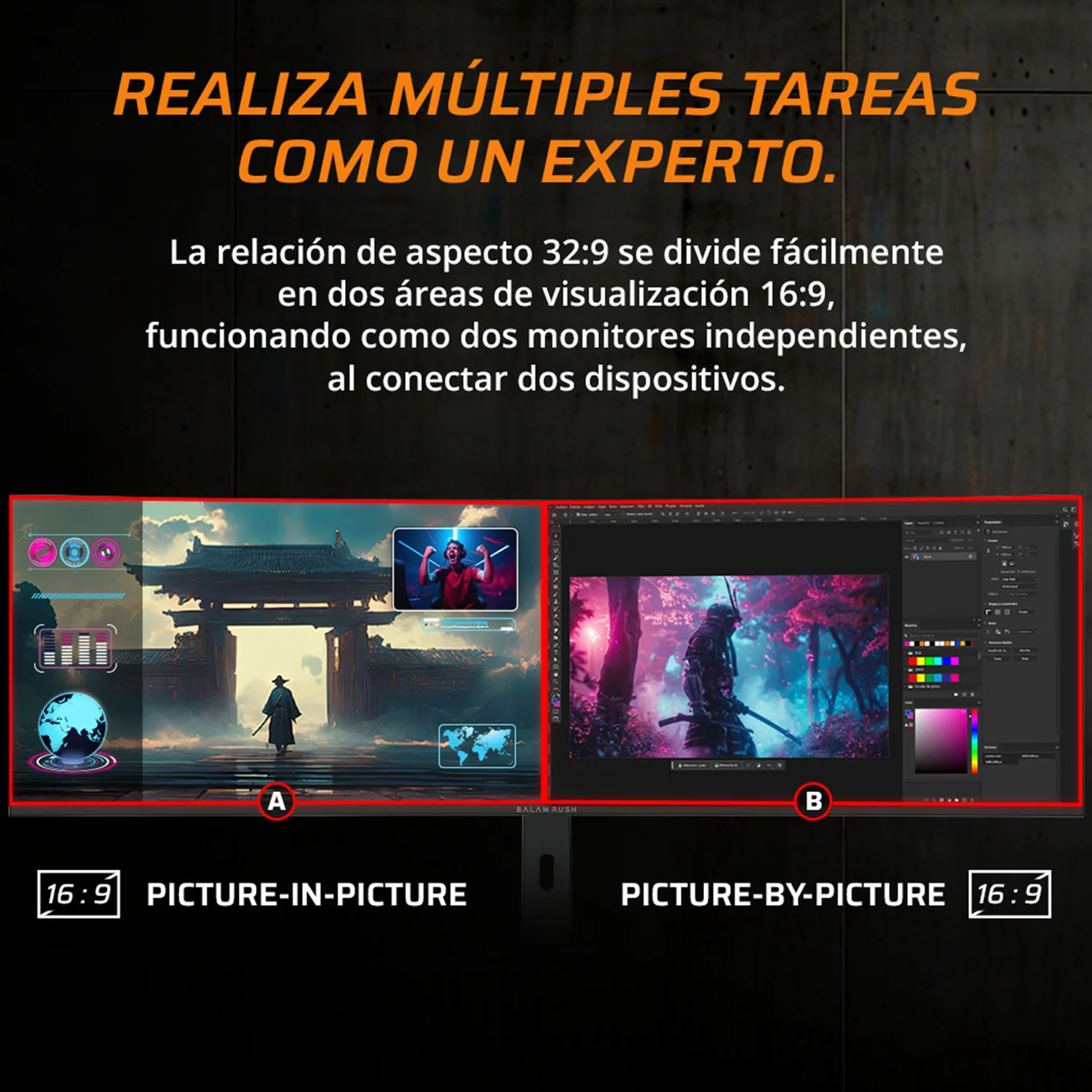 Monitor Gamer Curvo 49 BALAM RUSH EXORVIT EARTH MZX49C 1ms 144Hz DQHD IPS LED HDMI USB-C Altavoces FreeSync/G-Sync Negro BR-940665 - Image 5