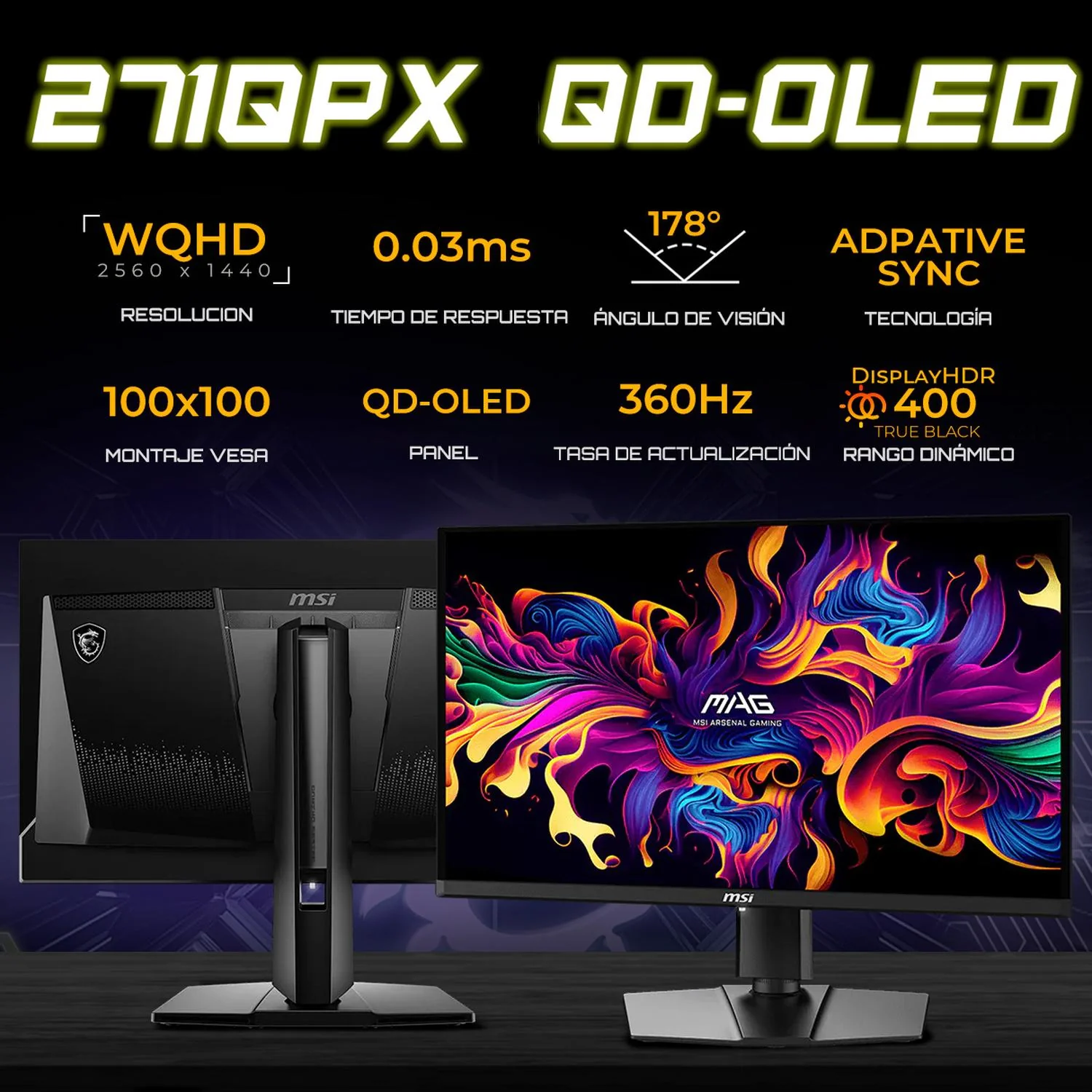 Monitor Gamer OLED 27" MSI MAG 271QPX QD-OLED WQHD 2560x1440 360Hz 0.03ms HDMI 2.1 DP 1.4a USB-C Adaptive Sync Garantia OLED 3 Años - Image 2