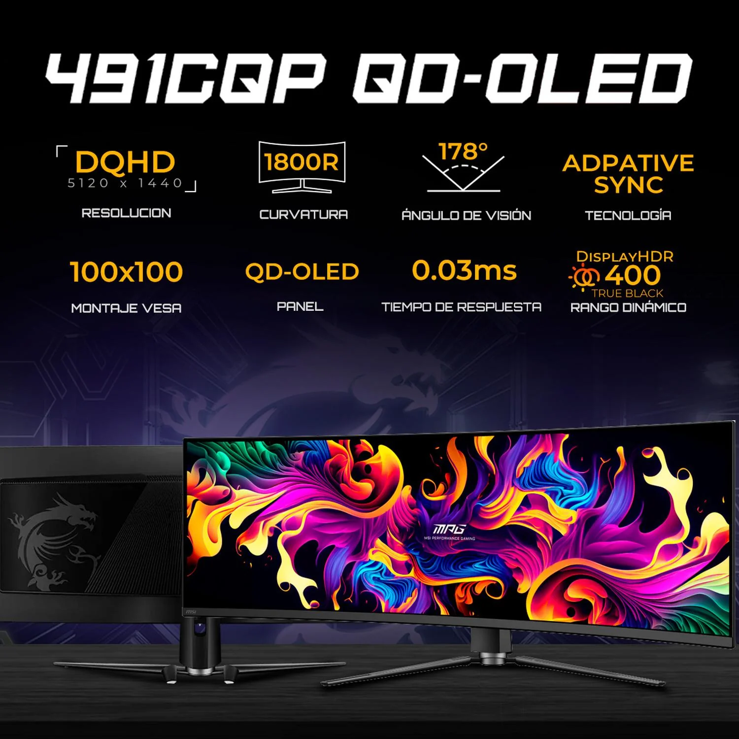 Monitor Gamer OLED Curvo 49" MSI MPG 491CQP QD-OLED DQHD 5120x1440 144Hz 0.03ms HDMI 2.1 DP 1.4a USB-C Adaptive Sync Garantia OLED 3 Años - Image 2
