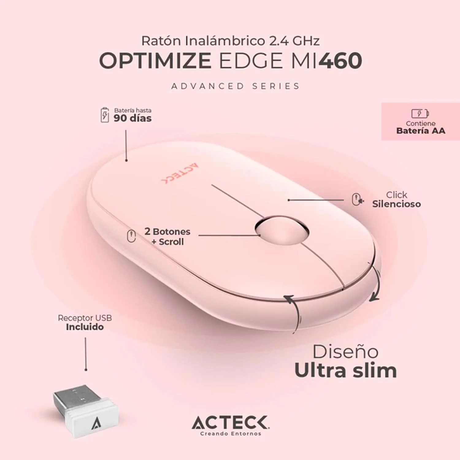 Mouse ACTECK OPTIMIZE EDGE MI460 Ultra Delgado 1600dpi 2 Botones Inalambrico USB 2.4 Ghz Rosa AC-934107 - Image 2